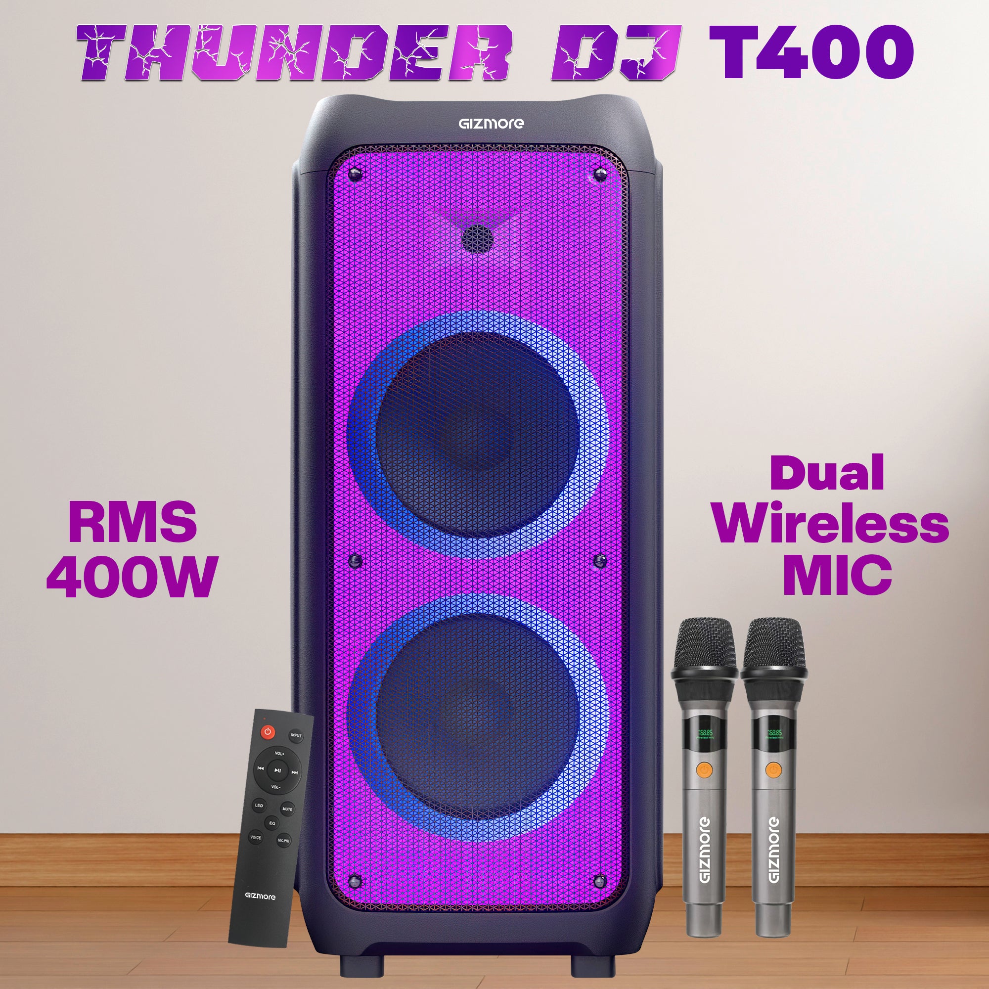 GIZMORE THUNDER DJ 400W T400 Party Speaker with Dual UHF Wireless Mic, 8 Hours Playtime, Guitar Connectivity, Mic to USB Recording, Digital LED Display, Smart Control Equalizer Mode & Party Strobe DJ Lights