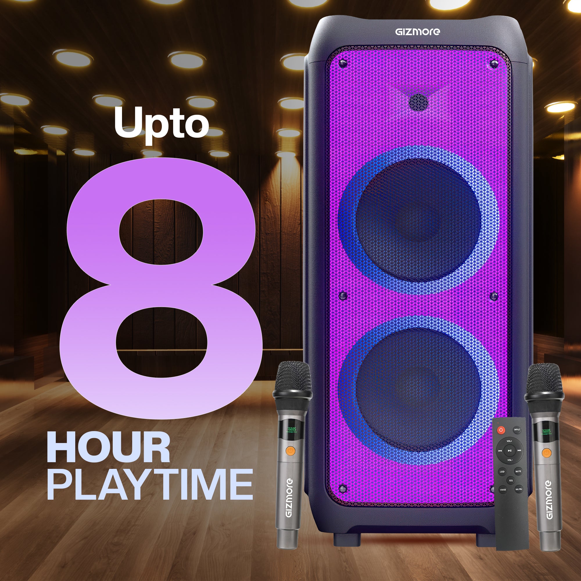 GIZMORE THUNDER DJ 400W T400 Party Speaker with Dual UHF Wireless Mic, 8 Hours Playtime, Guitar Connectivity, Mic to USB Recording, Digital LED Display, Smart Control Equalizer Mode & Party Strobe DJ Lights