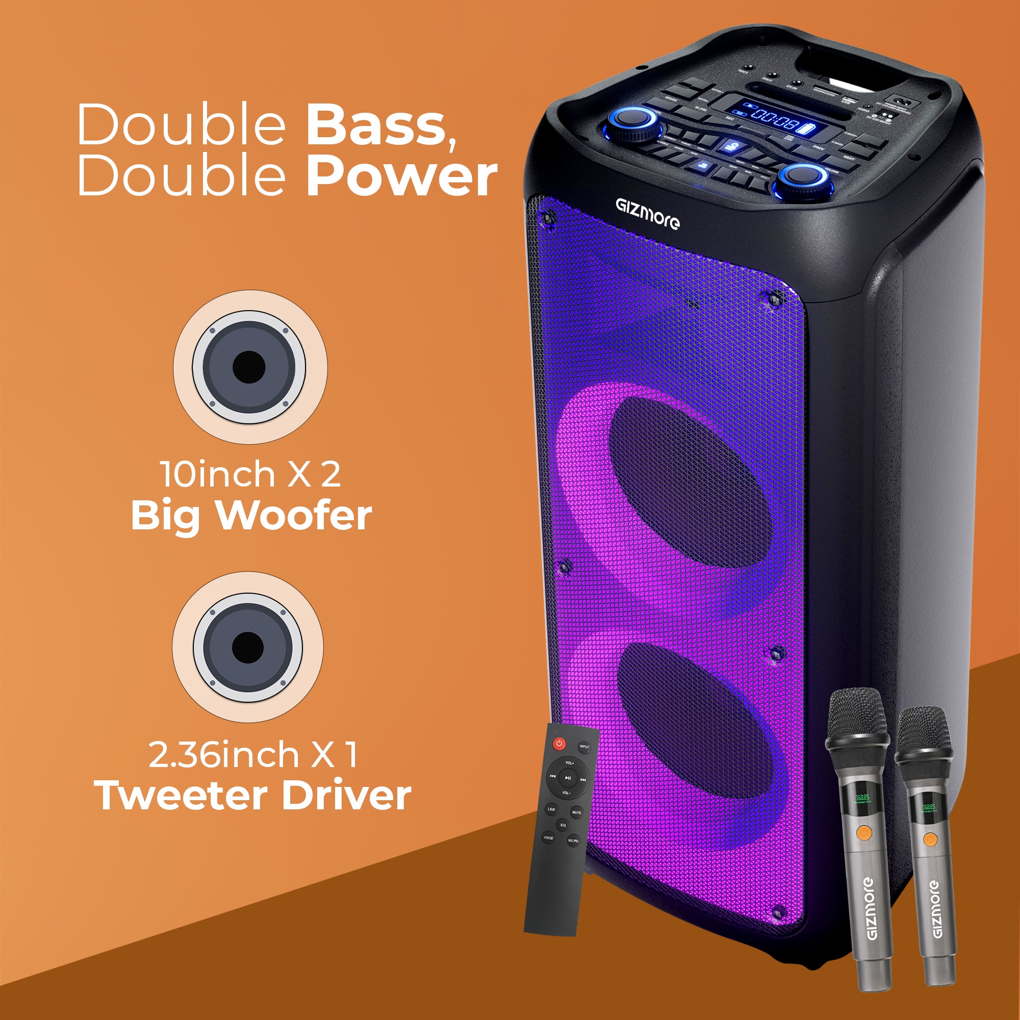 GIZMORE THUNDER DJ 400W T400 Party Speaker with Dual UHF Wireless Mic, 8 Hours Playtime, Guitar Connectivity, Mic to USB Recording, Digital LED Display, Smart Control Equalizer Mode & Party Strobe DJ Lights