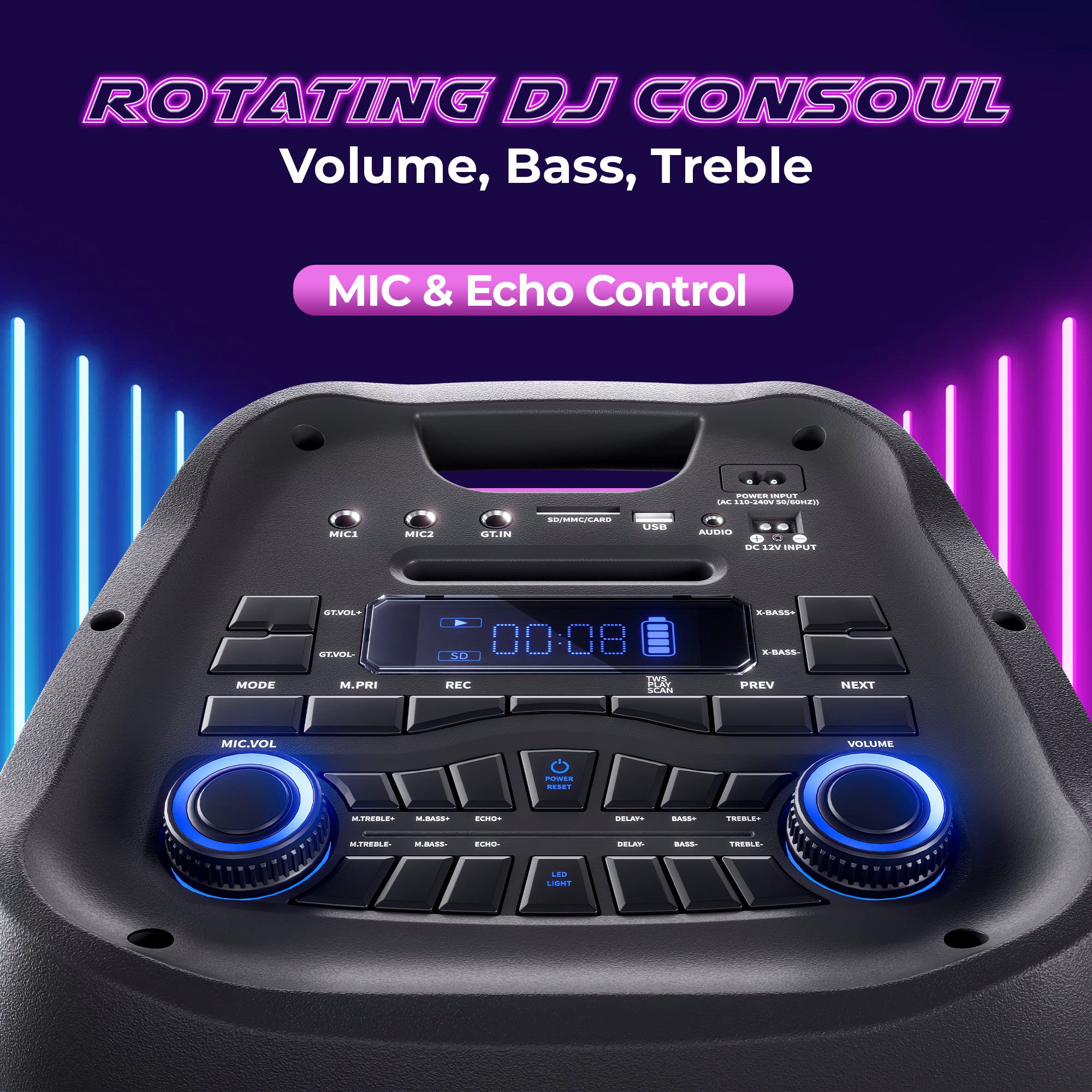 GIZMORE THUNDER DJ 400W T400 Party Speaker with Dual UHF Wireless Mic, 8 Hours Playtime, Guitar Connectivity, Mic to USB Recording, Digital LED Display, Smart Control Equalizer Mode & Party Strobe DJ Lights