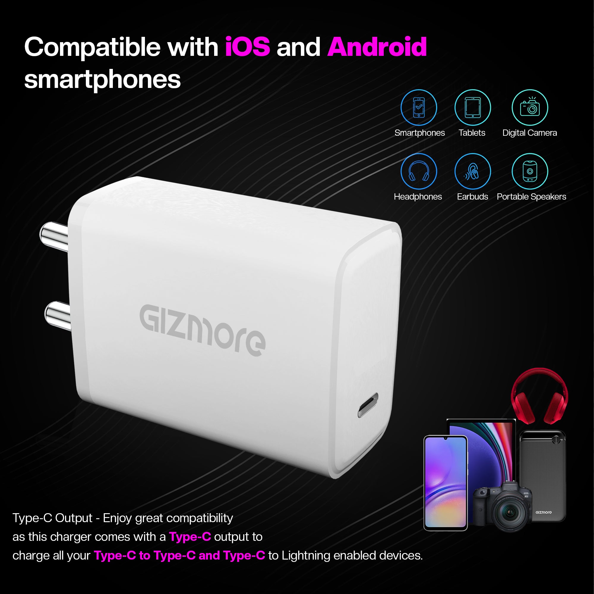 GIZMORE PA645 TYPE-C PD/PPS 3.0 45 Watt Power Adaptor Compatible With All Apple PD Devices, All Samsung ,Nothing, Mi/Xiaomi (ultra-fast ,Turbo Charging)