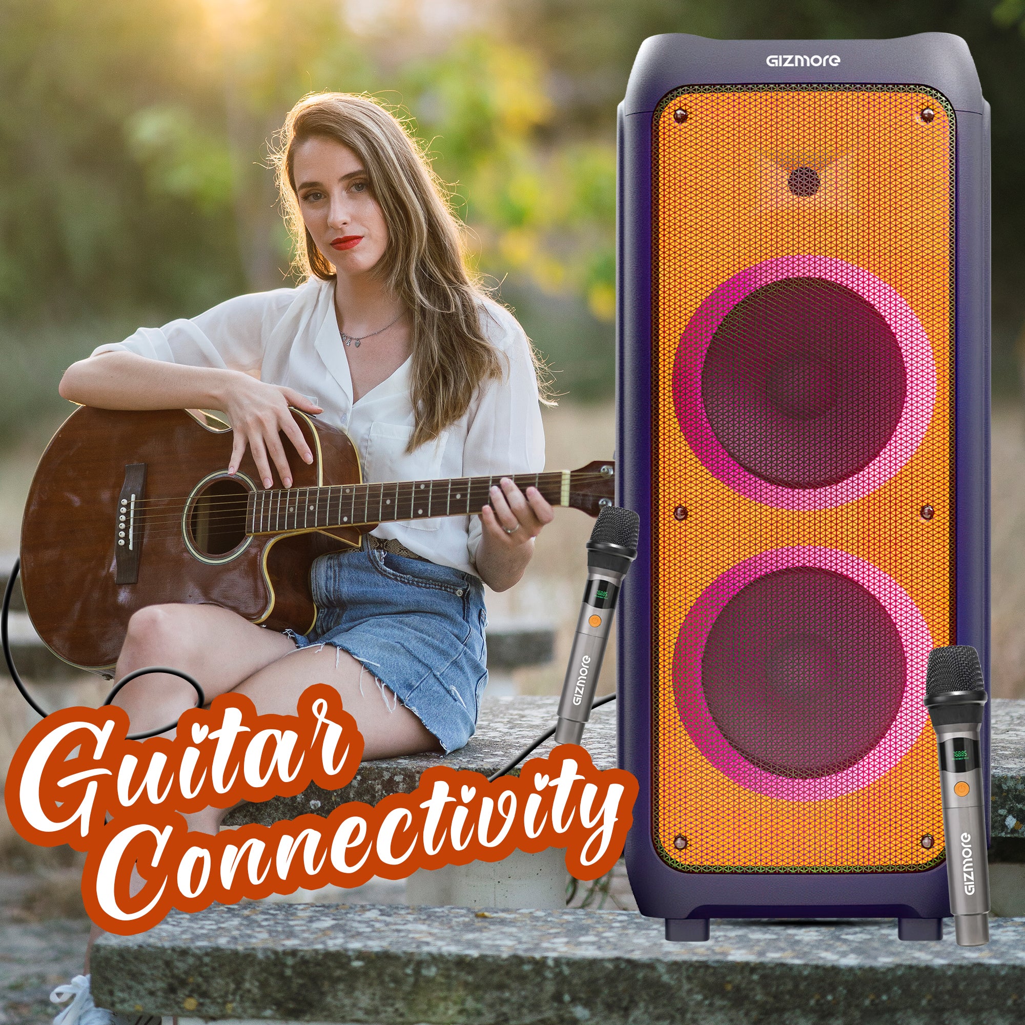 GIZMORE THUNDER DJ 400W T400 Party Speaker with Dual UHF Wireless Mic, 8 Hours Playtime, Guitar Connectivity, Mic to USB Recording, Digital LED Display, Smart Control Equalizer Mode & Party Strobe DJ Lights