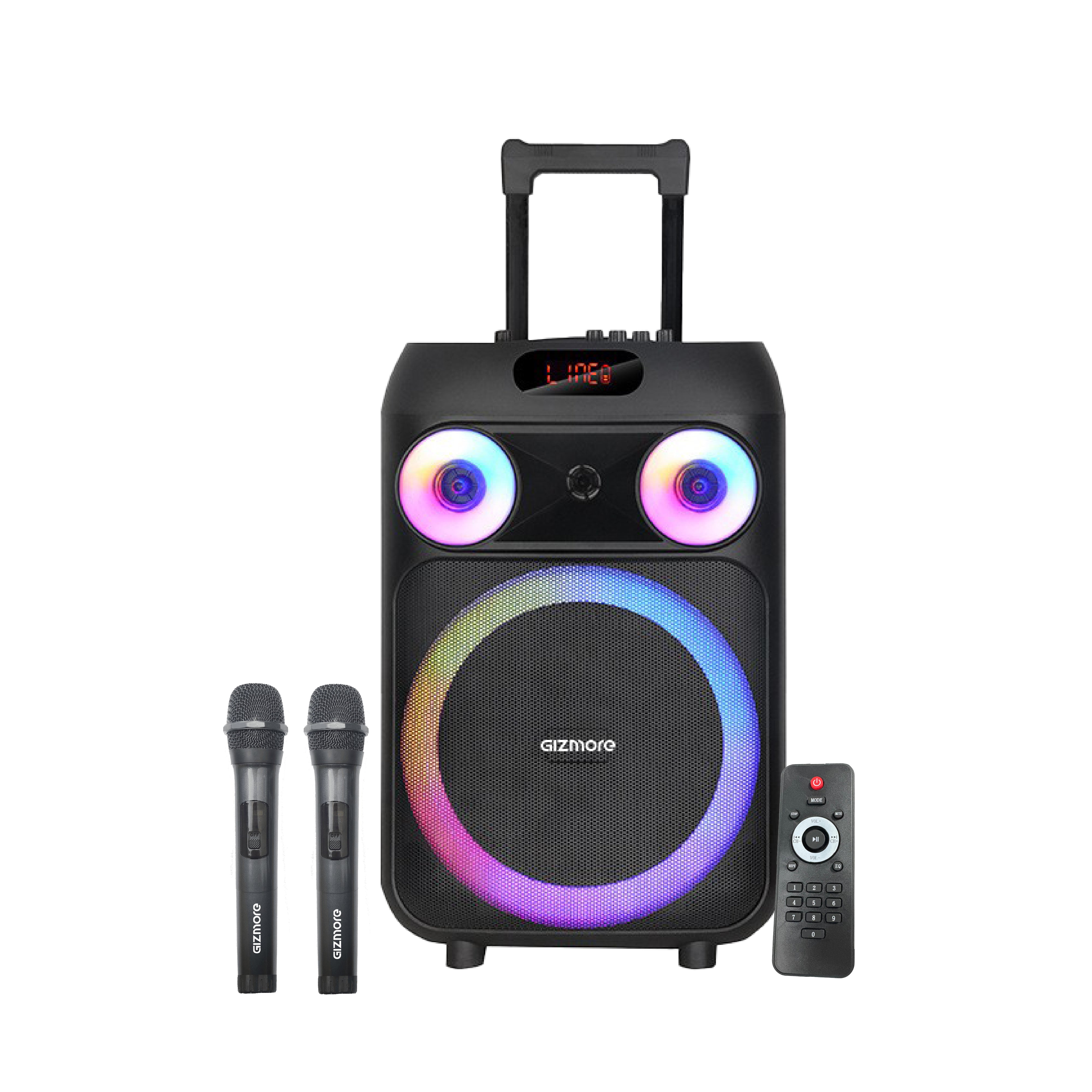 Gizmore T120 WHEELZ 120W RMS Party Speaker | Dual Wireless Mic | 12" Woofer | RGB Lights | Smart EQ | 3H Playtime | AUX/BT/USB/TF | Multi-Control Modes