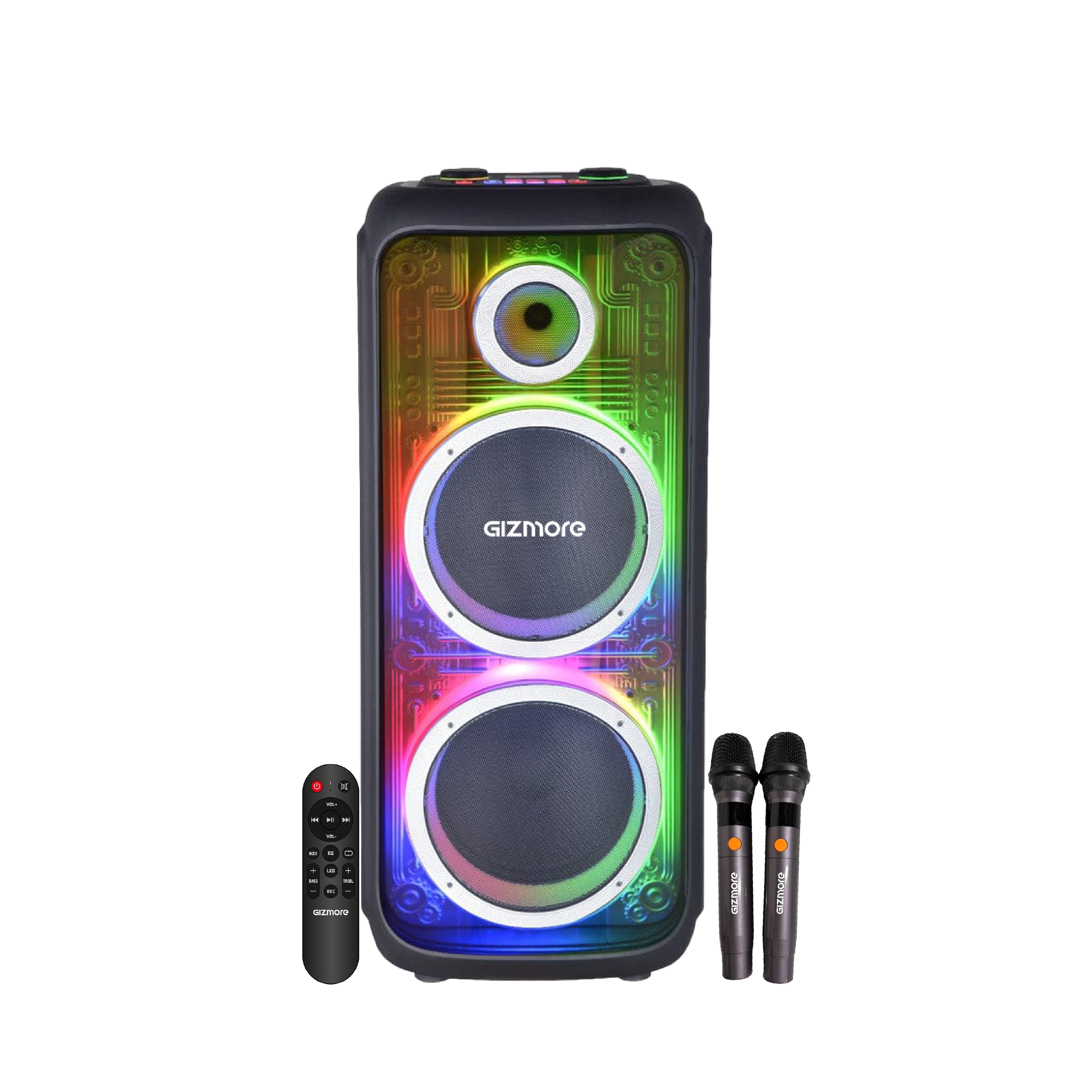 GIZMORE T440 MEGATRON 440W RMS Party Speaker with Dual Wireless Mics, RGB Spectrum Lights, Visible Acoustics, 8 Hours Playtime, TWS Function, Bluetooth/USB/AUX Connectivity