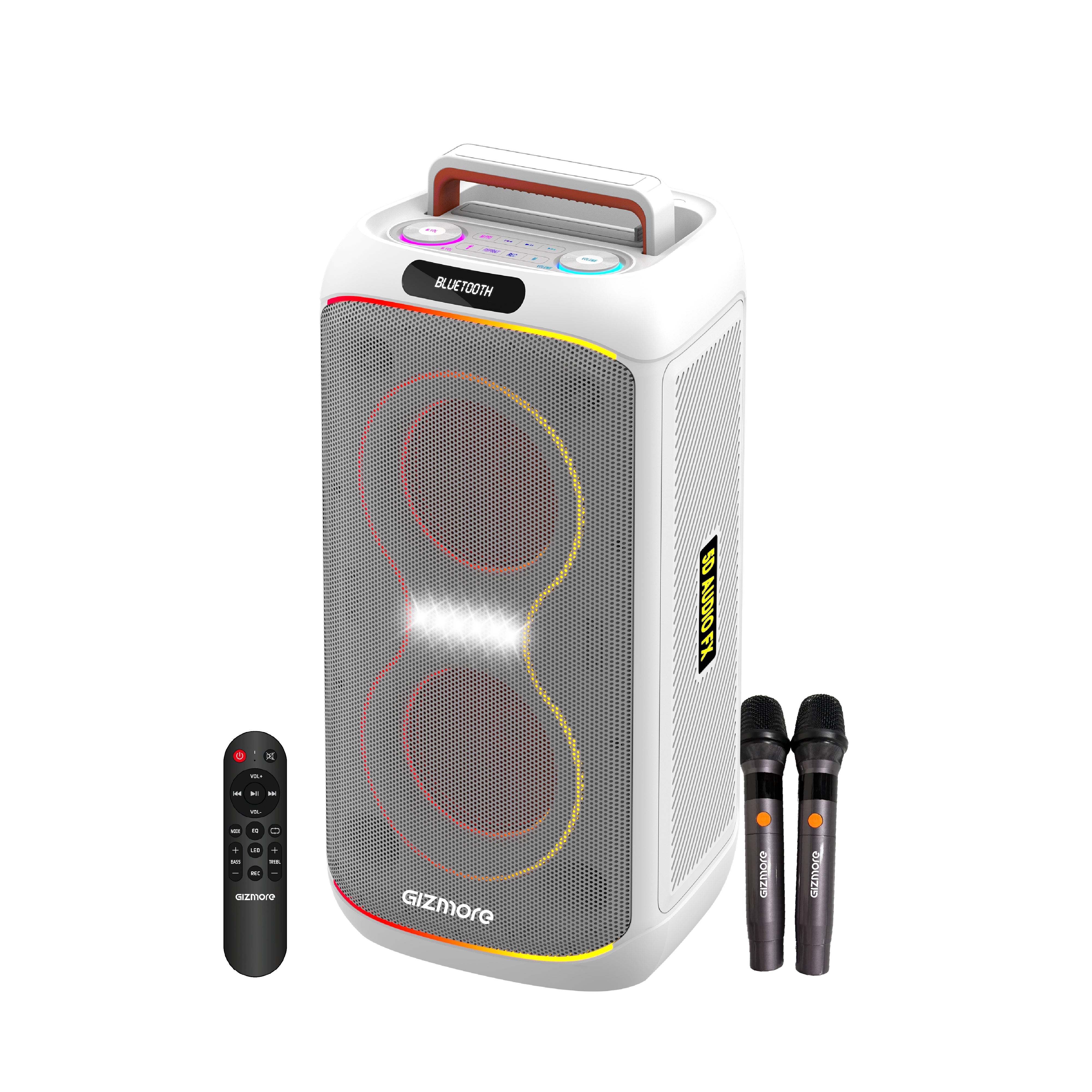 GIZMORE T200 CLUB 200W Thunder DJ Party Speaker with Dual Wireless Mic, RGB Lights, AC Charging, TWS Connectivity, Portable Bluetooth Speaker (White/Black)