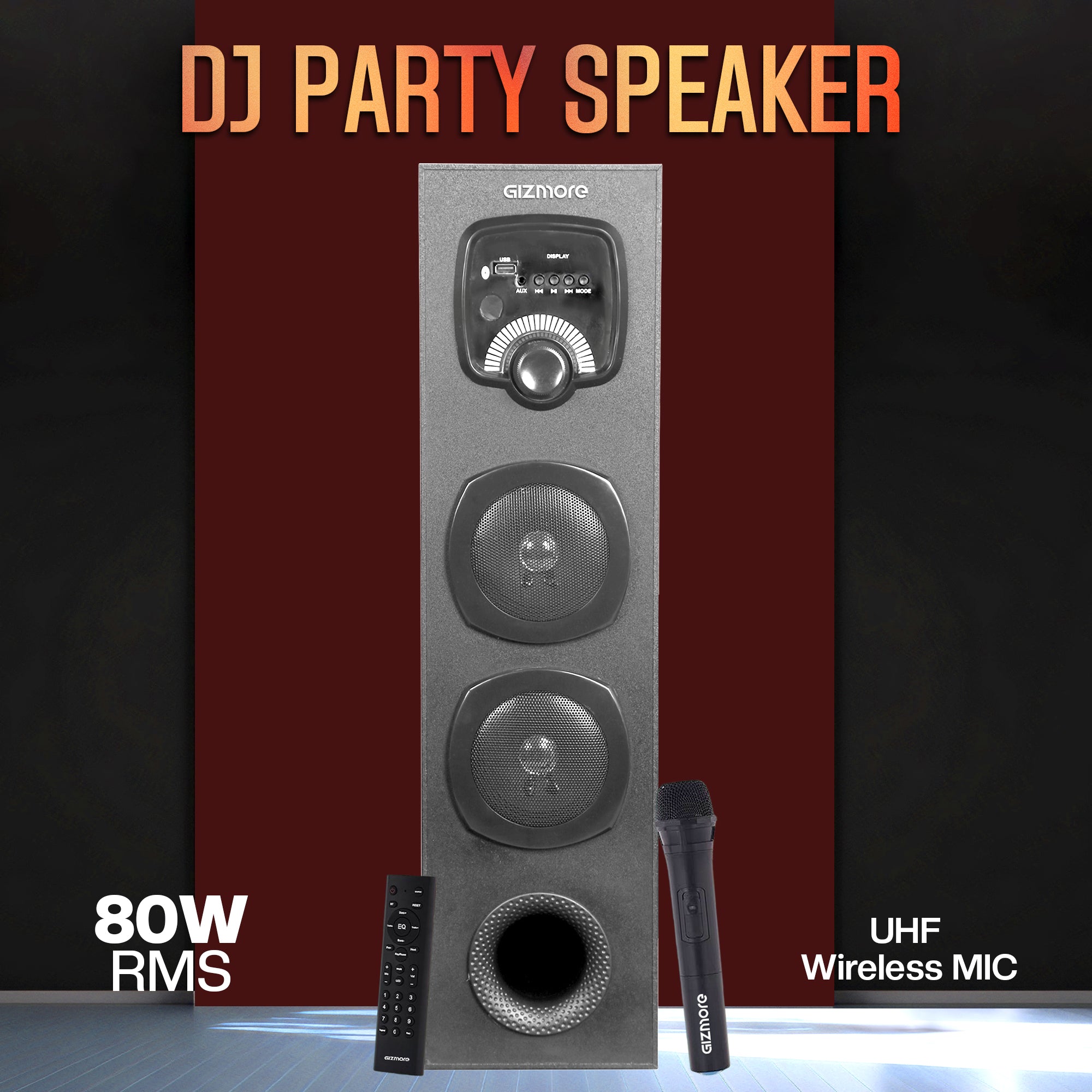 GIZMORE TALLBOY ST8000 80W Bluetooth Tower Speaker With UHF Wireless MIC & Wooden Cabinet, Big Subwoofer, Remote Controlled Display, RGB Glower Light -Support FM, Karaoke, AUX, USB