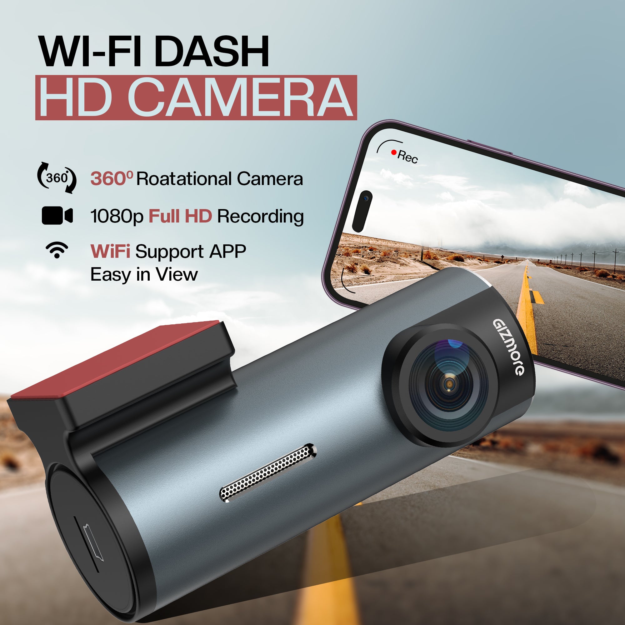Gizmore Auto Sight Wi-Fi Dash Camera – USB Plug & Play, 360° Rotatable Design, 2MP FHD 1080p Recording, Loop Recording, 145° Wide View, Super Night Vision, Wi-Fi Support with Carkuda App for Easy Viewing