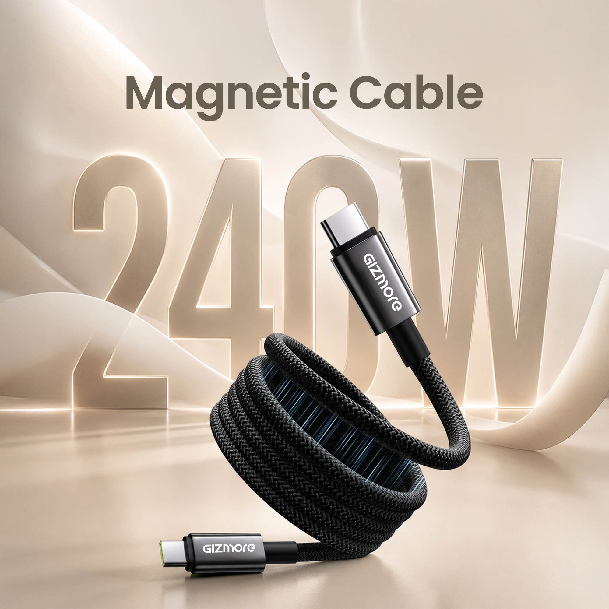 GIZMORE 240W Type-C to Type-C Magnetic Charging Cable | 1M Nylon Spiral Braided | Self-Winding Flat Design | Aluminum Zinc Alloy Connectors | Fast Charging & Data Transfer | Compatible with USB-C Devices