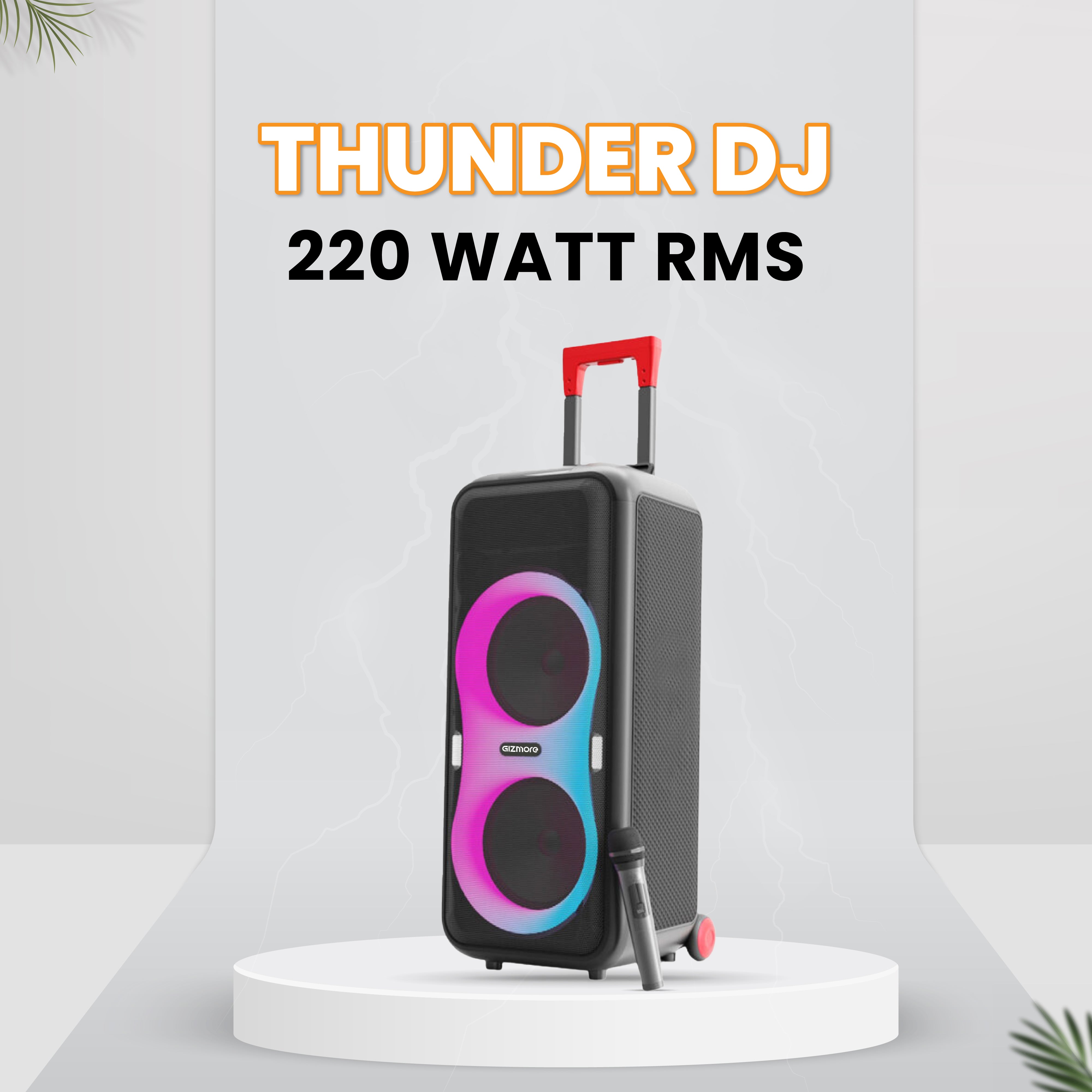 Gizmore T220 Pro 220W RMS Thunder DJ Party Speaker | Wireless Mic | RGB Lights | Smart EQ | 3H Playtime | AUX/BT/USB/TF | Wired Mic Support | 8inchx2 big woofer