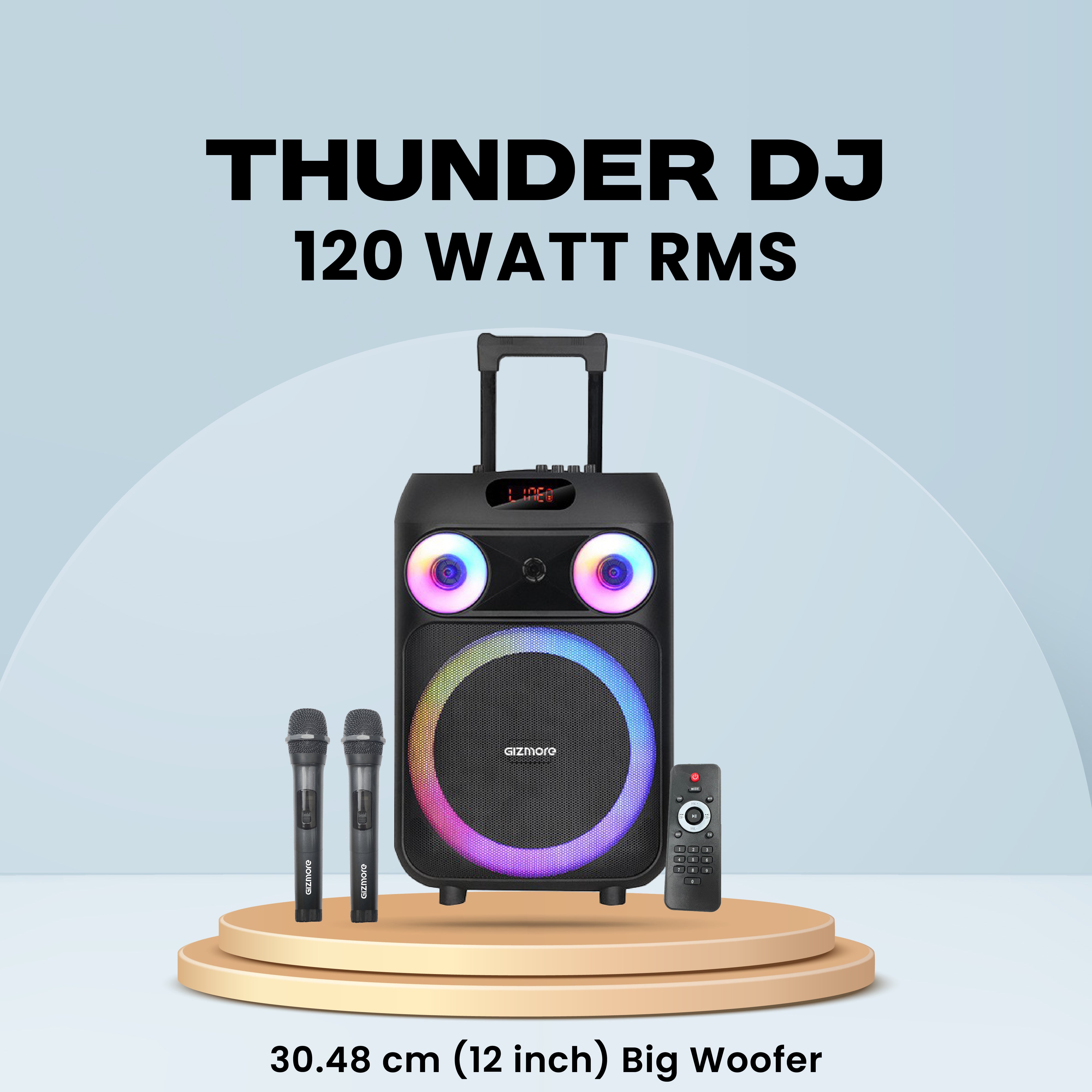 Gizmore T120 WHEELZ 120W RMS Party Speaker | Dual Wireless Mic | 12" Woofer | RGB Lights | Smart EQ | 3H Playtime | AUX/BT/USB/TF | Multi-Control Modes