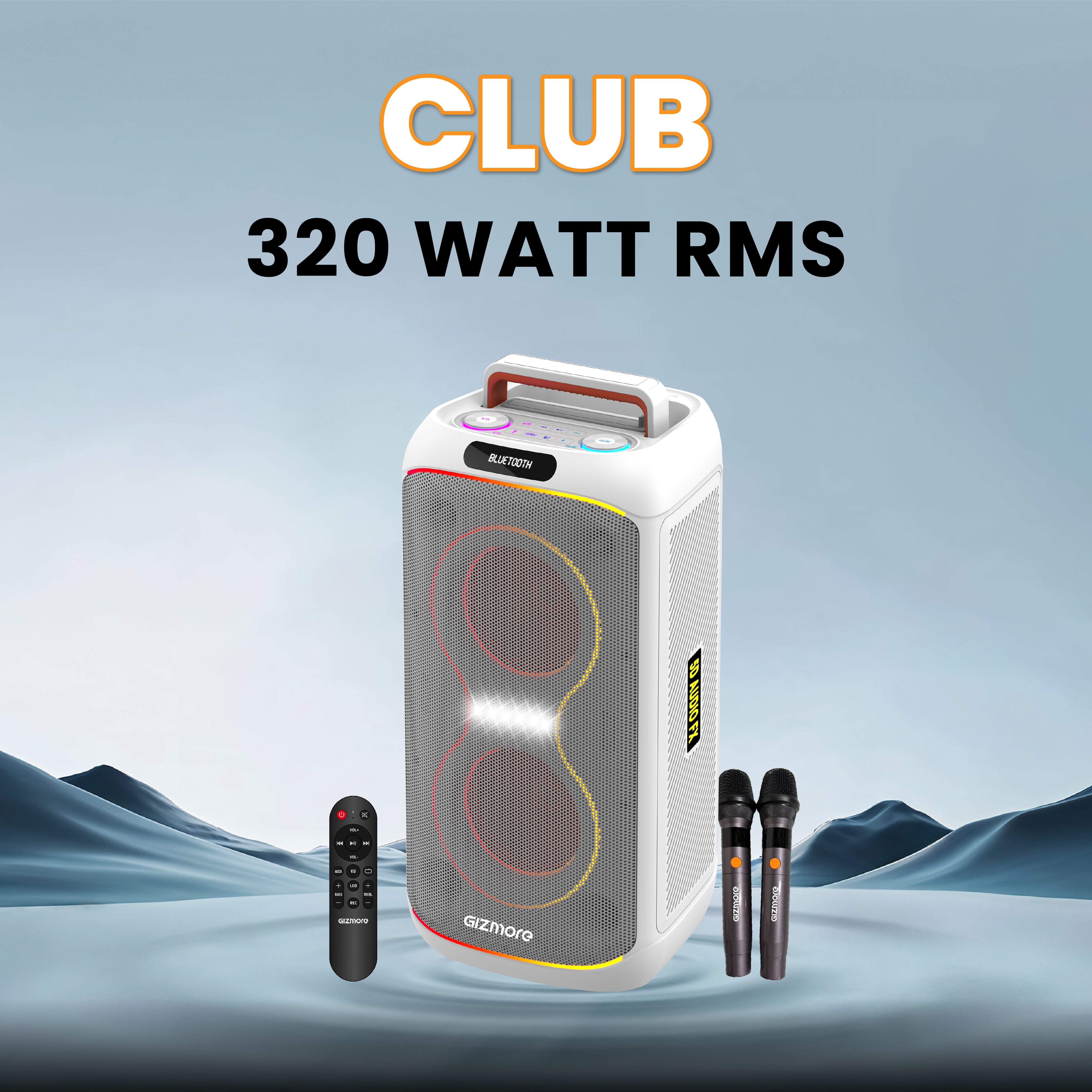 GIZMORE T320 CLUB 320W Thunder DJ Party Speaker with Dual Wireless Mic, RGB Lights, Type-C Charging, TWS Connectivity, Portable Bluetooth Speaker (White/Black)