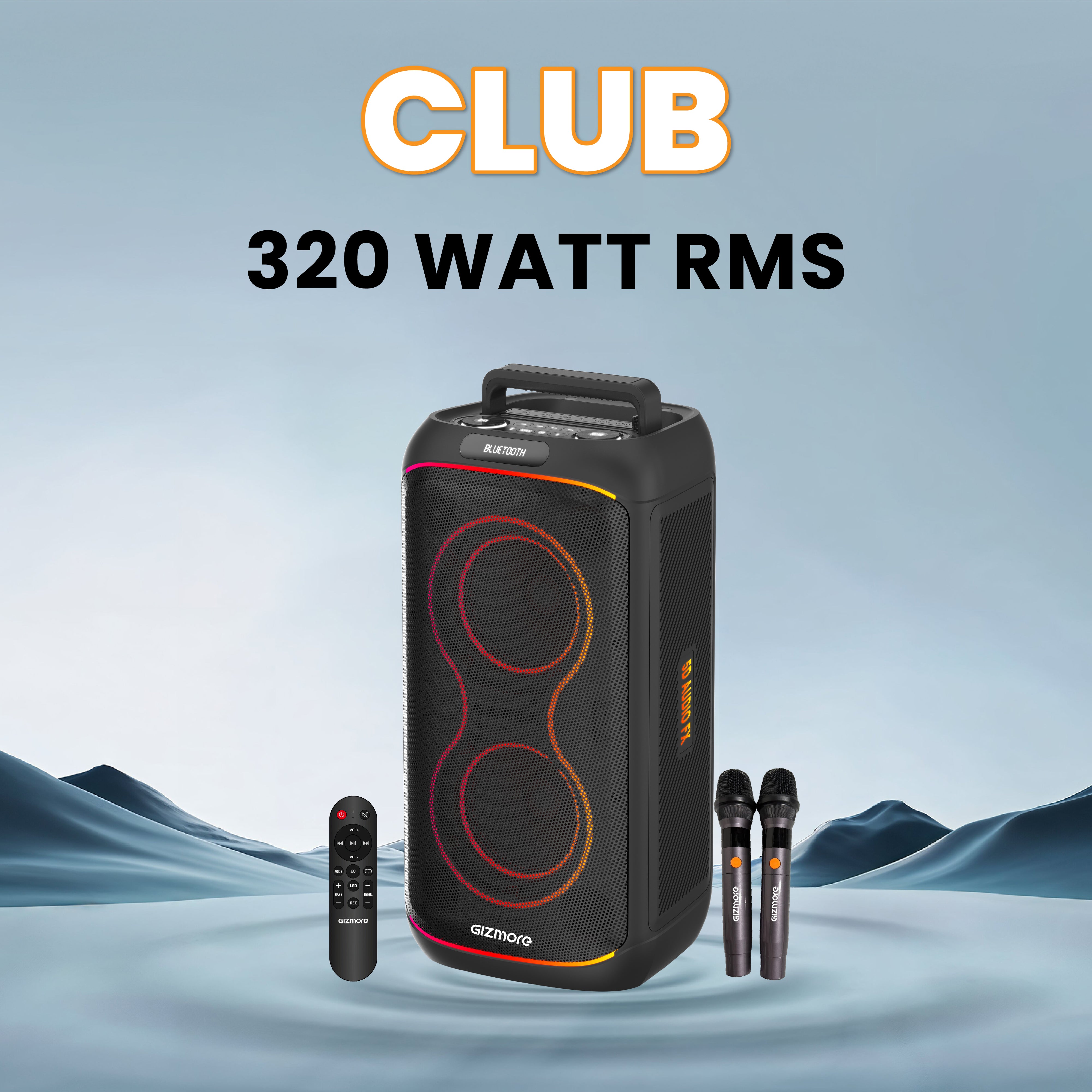GIZMORE T320 CLUB 320W Thunder DJ Party Speaker with Dual Wireless Mic, RGB Lights, Type-C Charging, TWS Connectivity, Portable Bluetooth Speaker (White/Black)