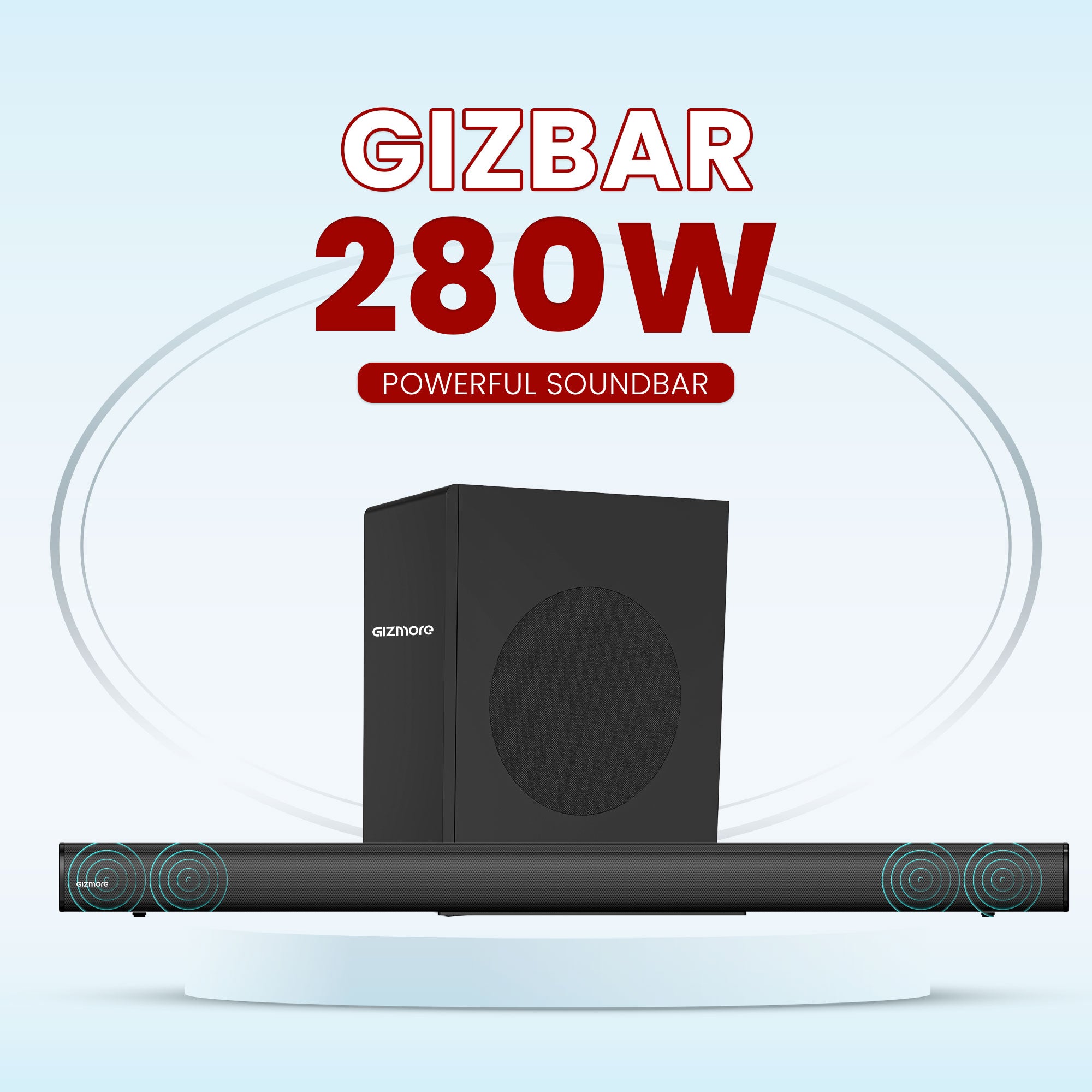 GIZMORE GIZBAR 280, 280W, 2.1 Channel Wired Soundbar with Subwoofer, HDMI(ARC), AUX, Optical, USB, Bluetooth, Slim Design, 3 EQ Modes, Surround Sound & Thunderous Bass.