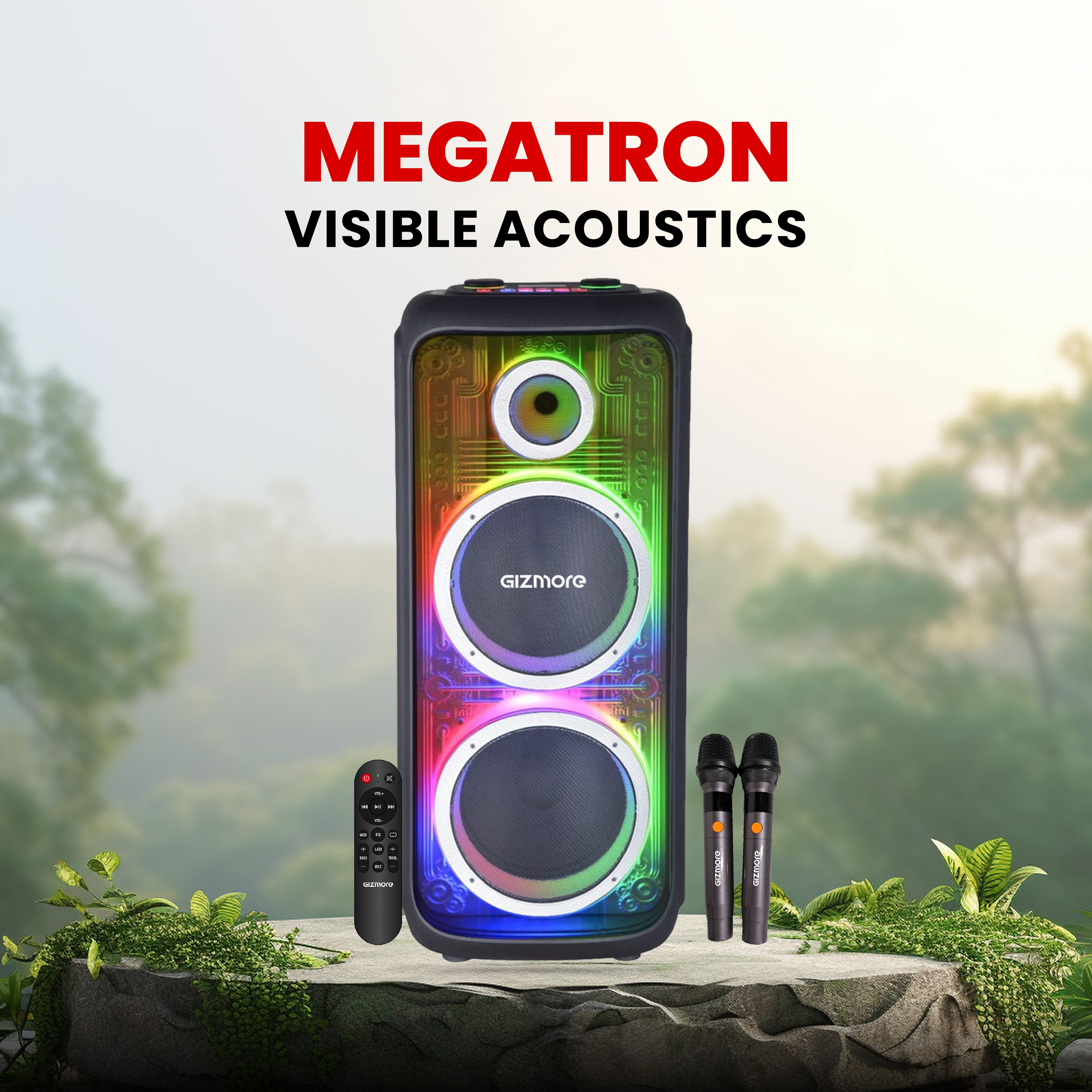 GIZMORE T440 MEGATRON 440W RMS Party Speaker with Dual Wireless Mics, RGB Spectrum Lights, Visible Acoustics, 8 Hours Playtime, TWS Function, Bluetooth/USB/AUX Connectivity
