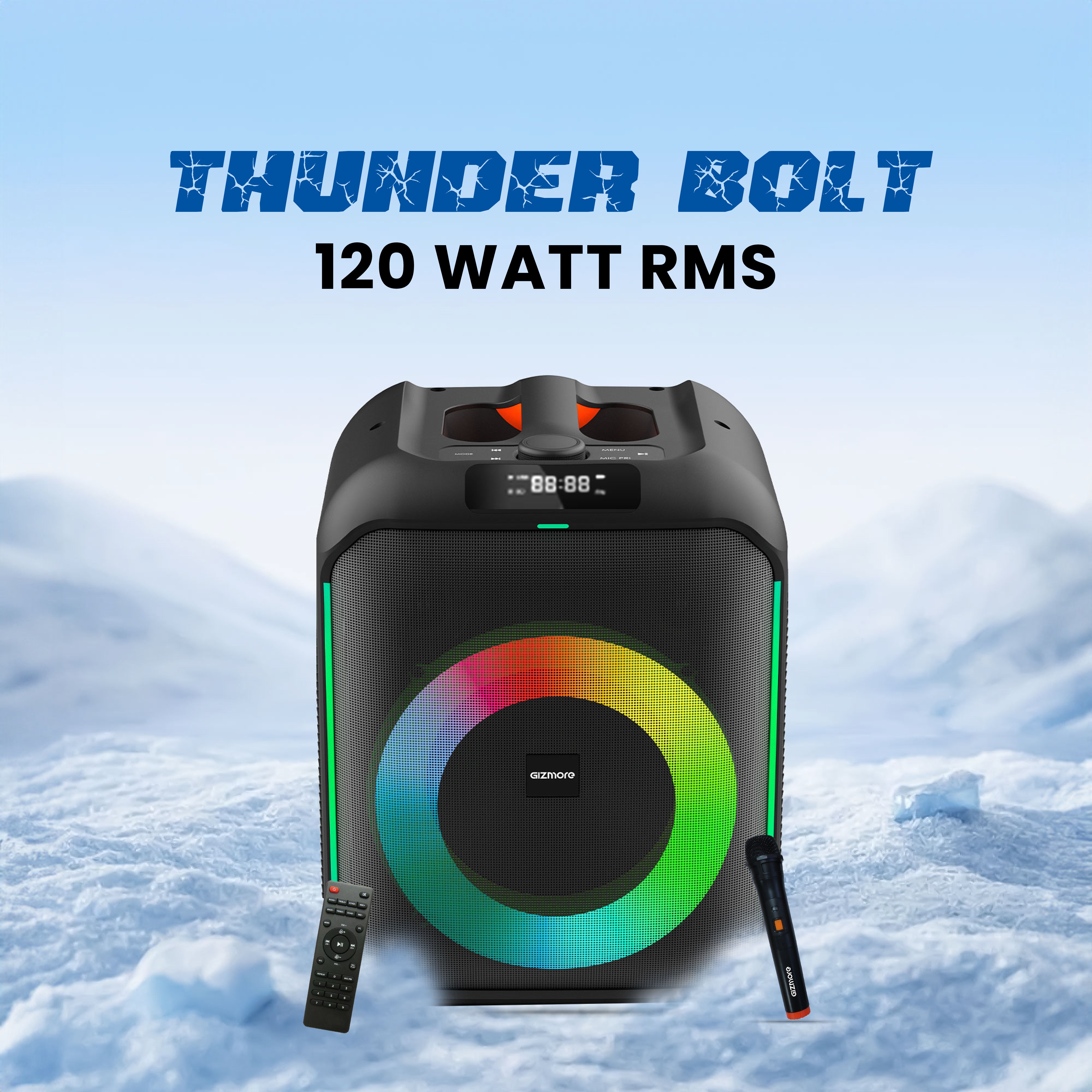 Gizmore T120 Thunder Bolt Party Speaker | 8 Hours Playtime | UHF Wireless Mic | TWS Function | RGB Lights | AUX/BT/USB/TF | Powerful Bass | Multi-Function Control