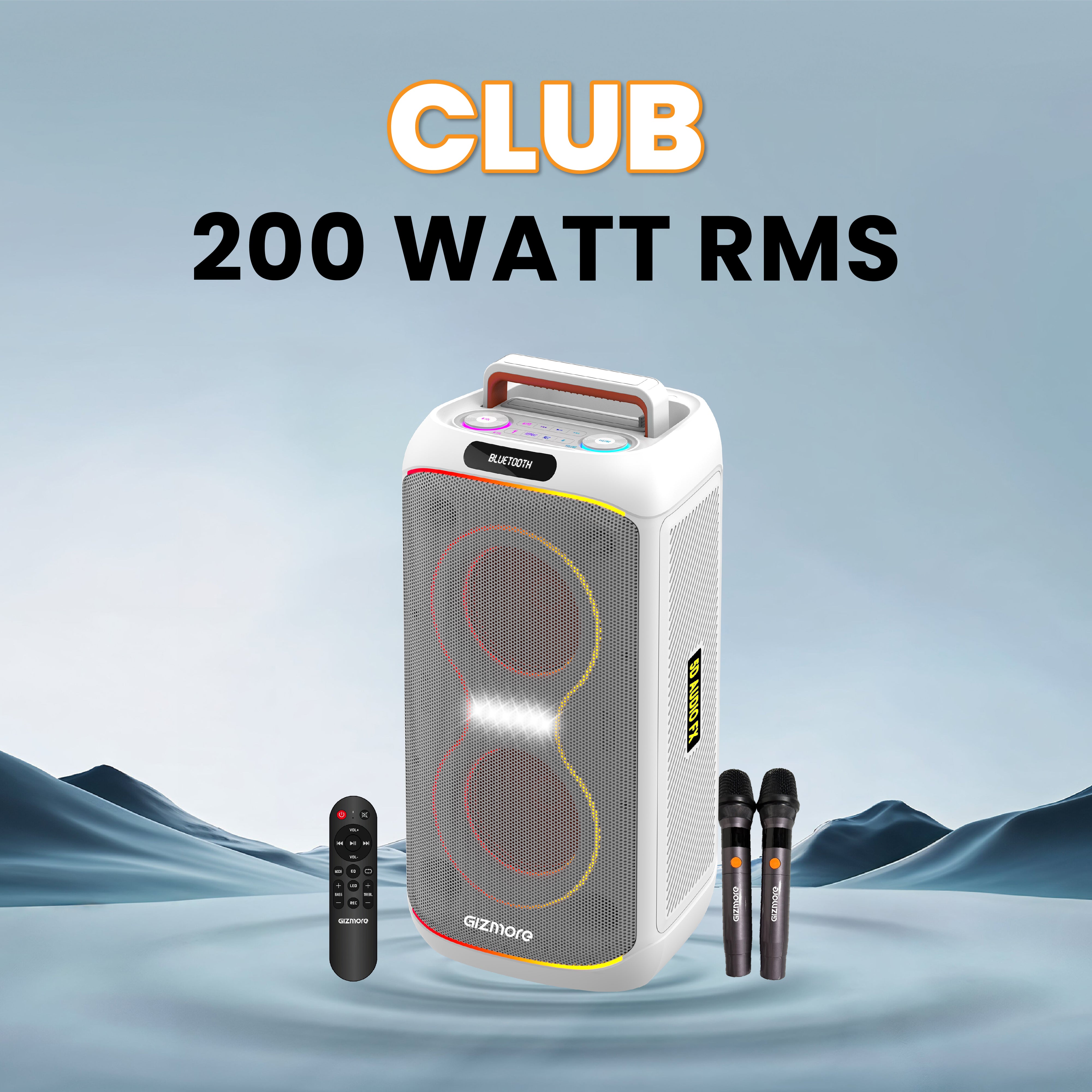 GIZMORE T200 CLUB 200W Thunder DJ Party Speaker with Dual Wireless Mic, RGB Lights, AC Charging, TWS Connectivity, Portable Bluetooth Speaker (White/Black)