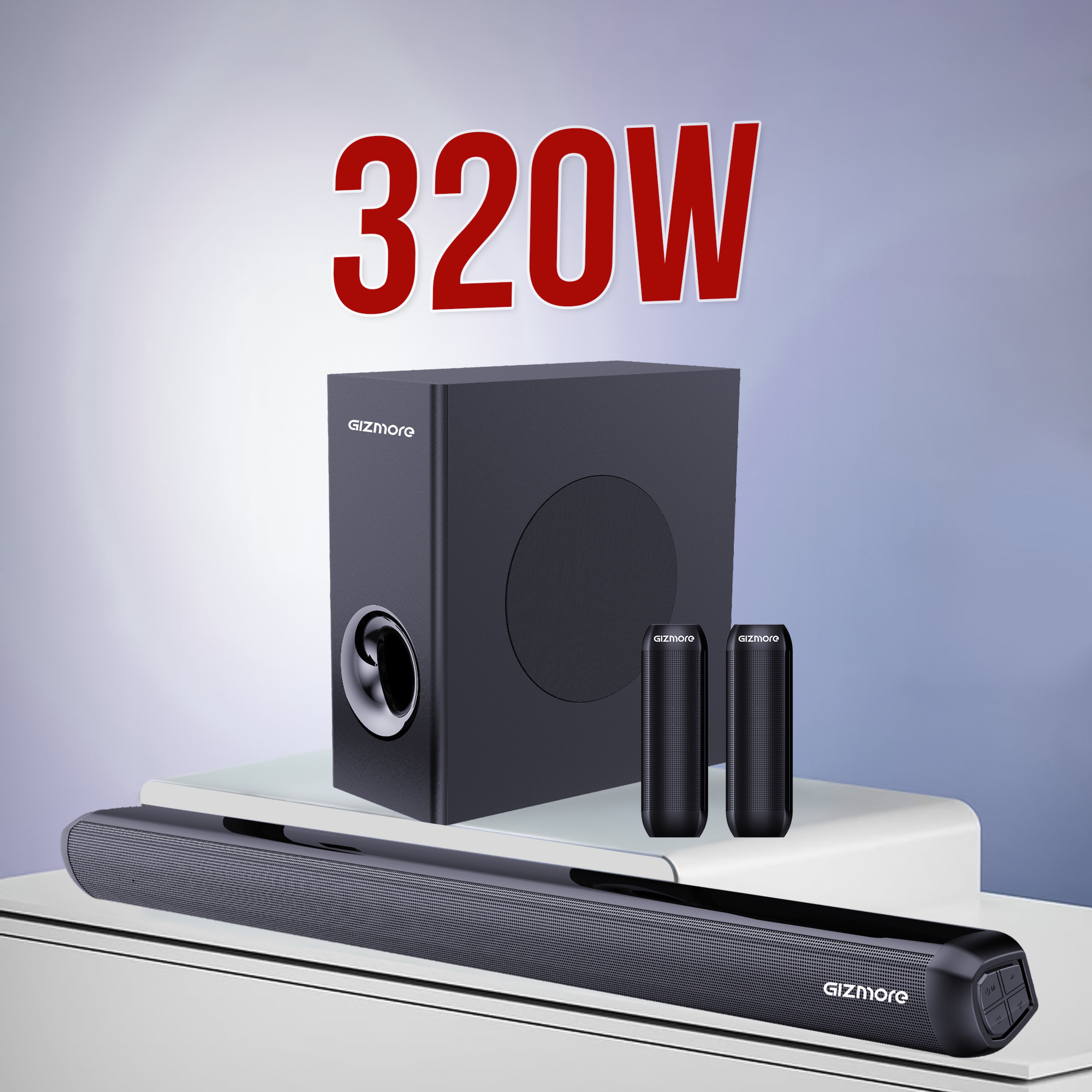 GIZBAR 320 Wired 5.1 Channel Soundbar with Subwoofer, 320W Audio Output, HDMI ARC, Optical, USB & AUX Connectivity, Multiple EQ Modes (Movie, Music, 3D, Sports)