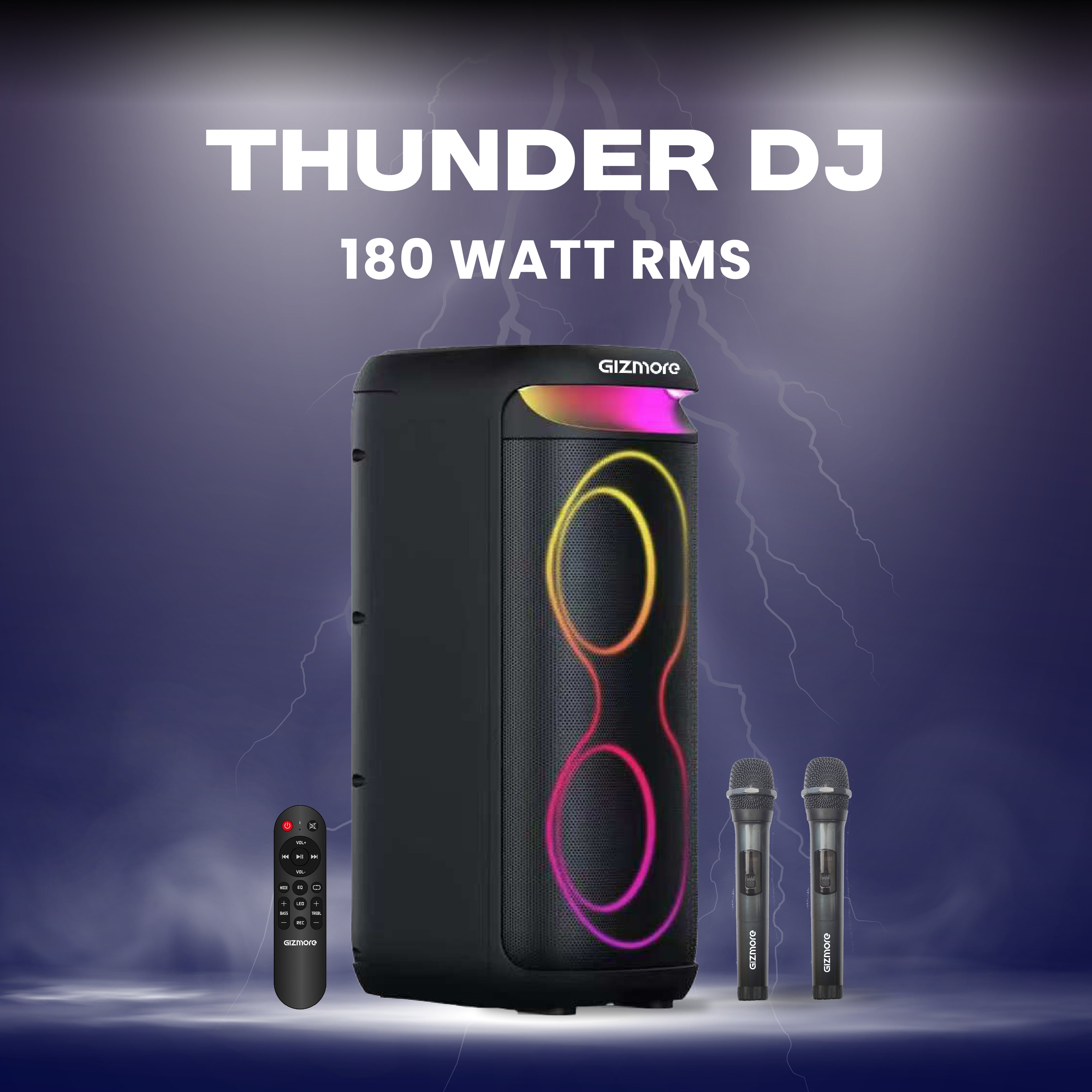 GIZMORE T180 Ultra 180W Bluetooth Party Speaker with Dual Wireless Mic, RGB Lights, 3-Hour Playtime, USB /AUX/TF Card Support, TWS, Remote Control