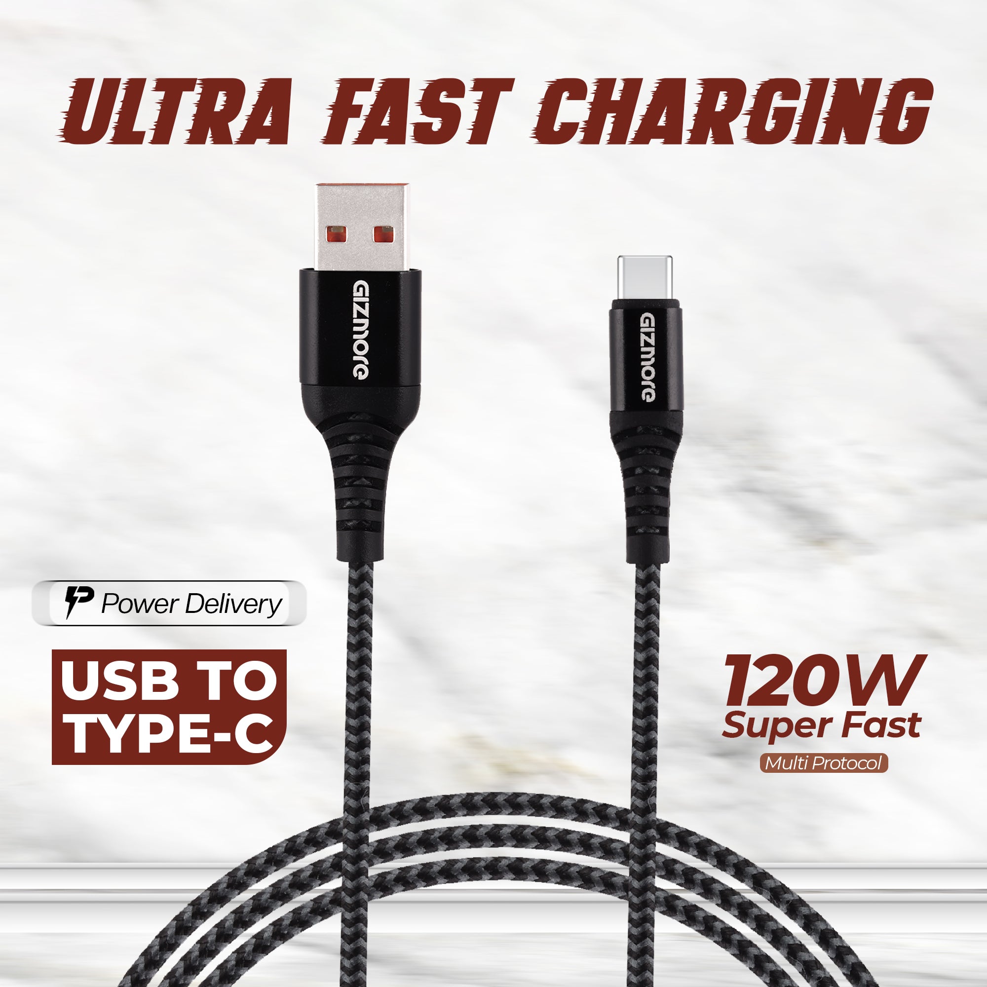 GIZMORE WDC120 USB to Type-C dash Ultra Fast Charging Cable – 1.2 Meter, 120W Output, Tangle-Free Braided Wire, 30000+ Bend Lifespan, Intelligent Protection, Stable Charging, Universal Compatibility