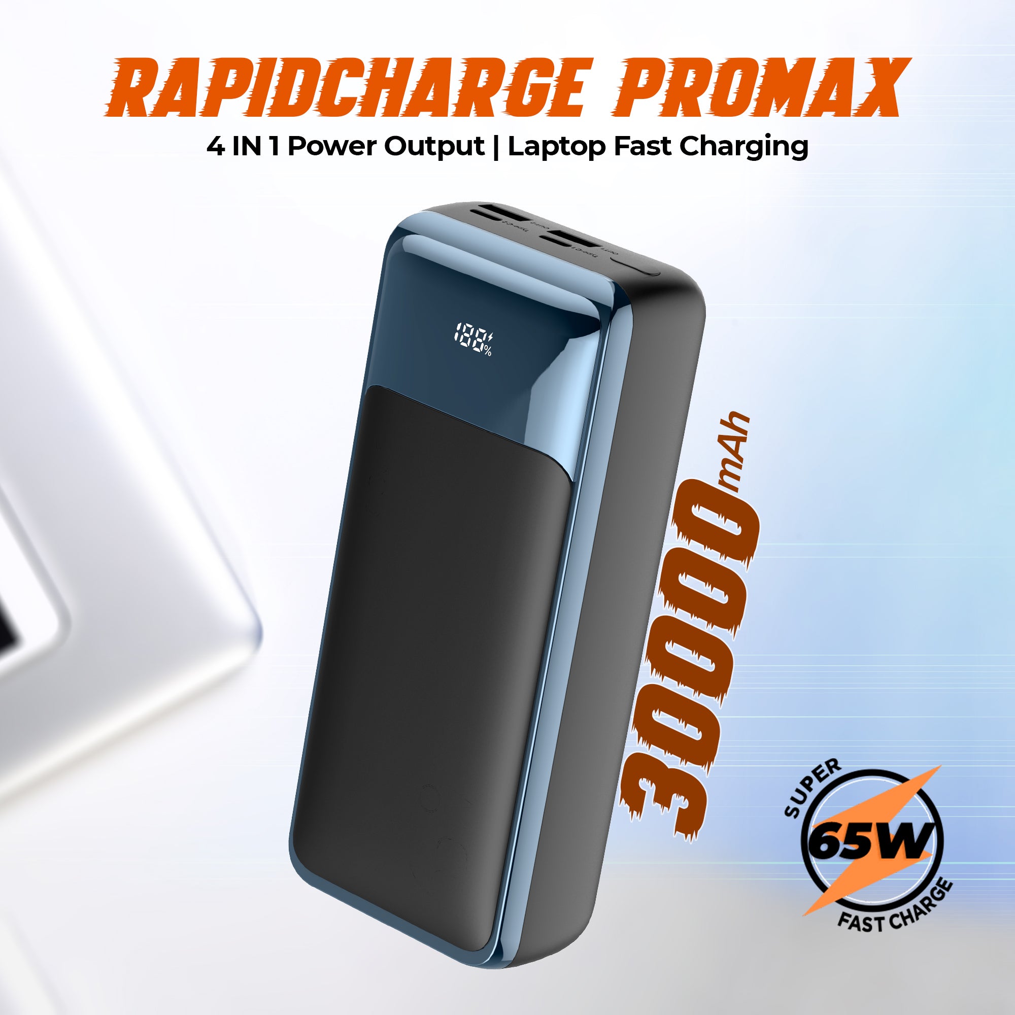 GIZMORE PD65KP Rapid Charge 30000mAh Power Bank – 4 Power Output PORT, 65W PD Type C, 18W USB Fast Charging, supports laptop charging, Premium Build, – Metallic Crome Finish, with digital display, Low Power Consumption.