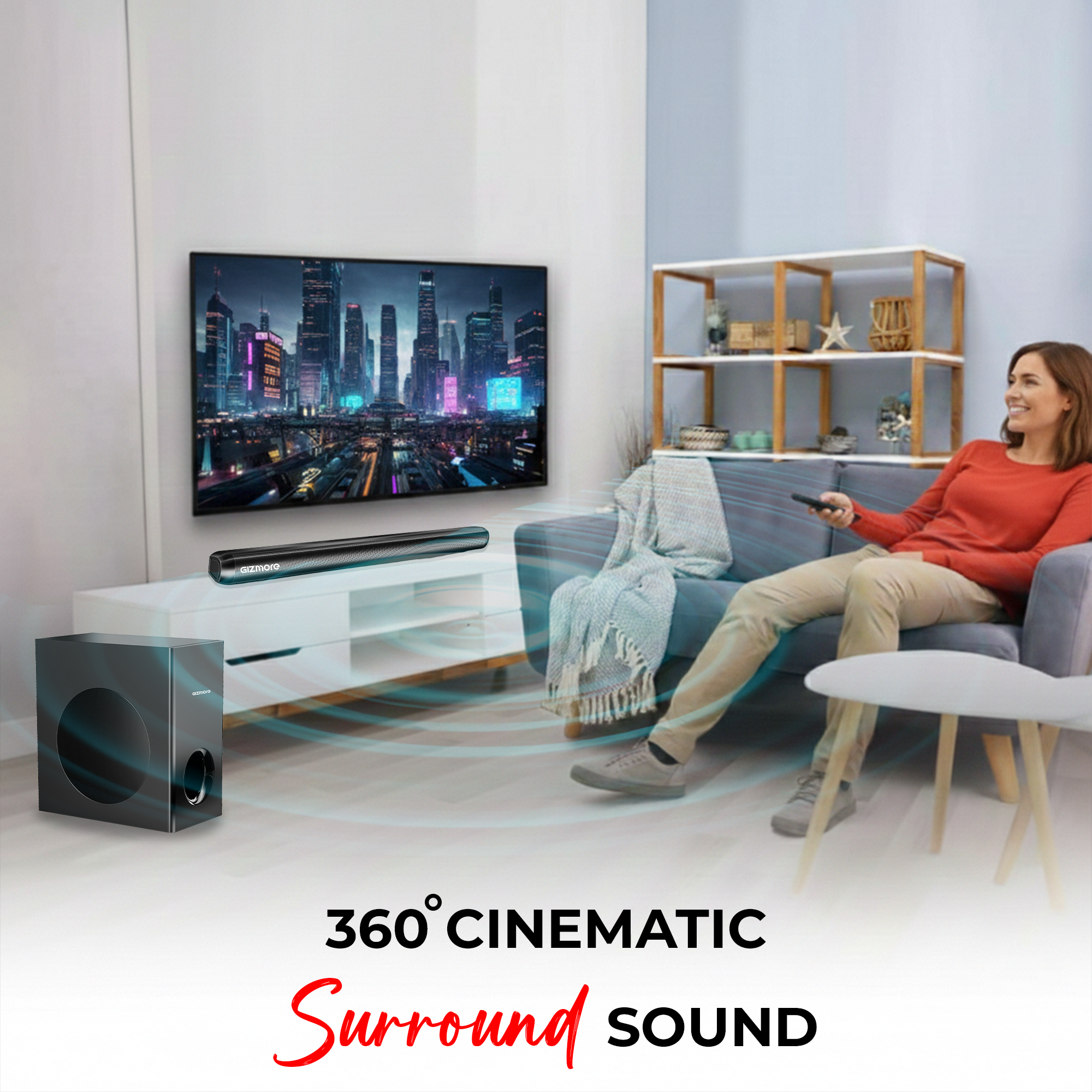 GIZBAR 160 – 2.1 Channel Soundbar with 160W Powerful Output | Multiple connectivity- HDMI ARC, AUX, USB, Optical | Remote Control | Multiple EQ Modes (Music, Movies, News, 3D) |360 degree surround sound |Theater experience at home.