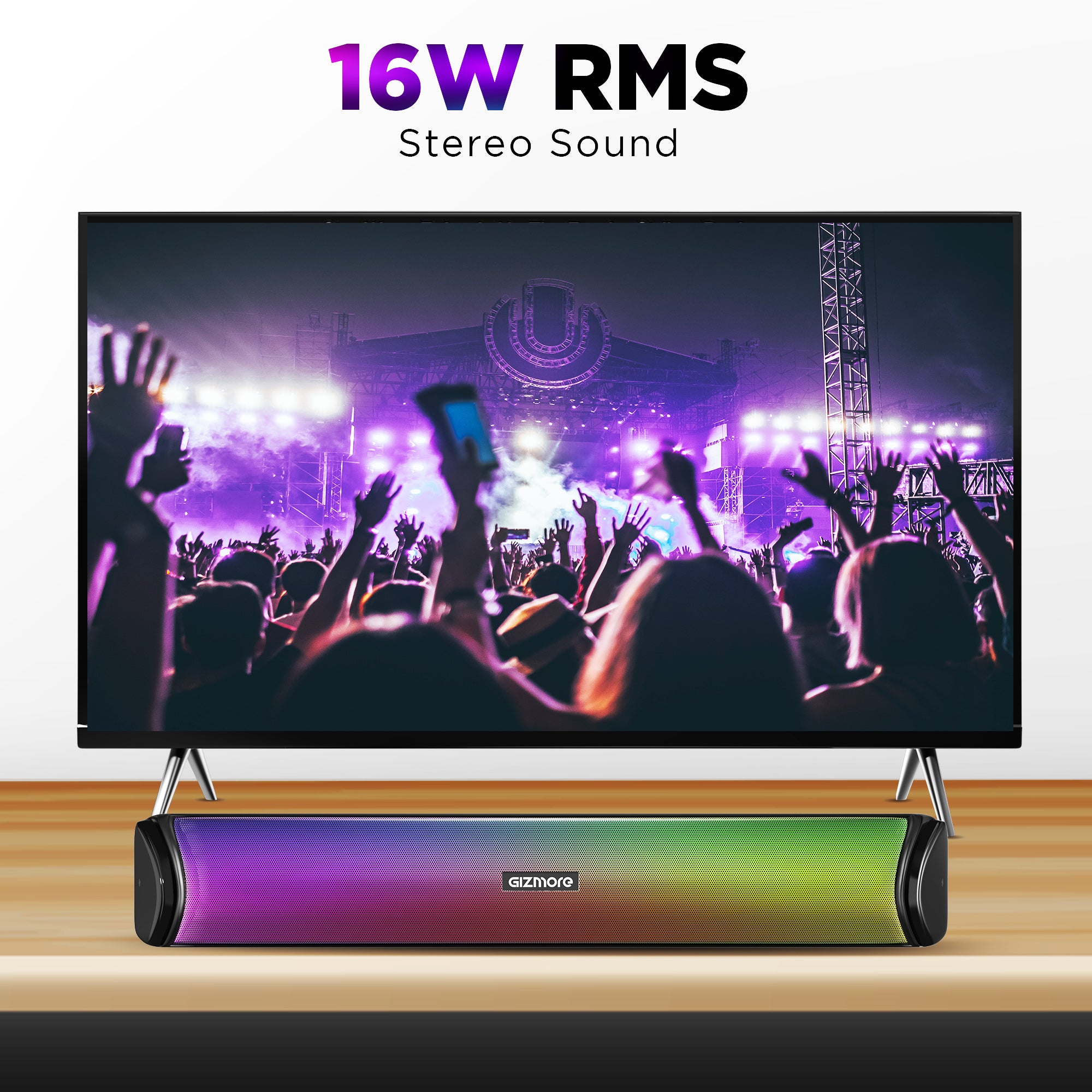 GIZMORE BAR 1600 in-Built RGB Light Bluetooth Soundbar with 16W RMS with Quad Mode & TWS Function, Upto 5 Hours Playback, BT Version 5.0 & Multi Connectivity