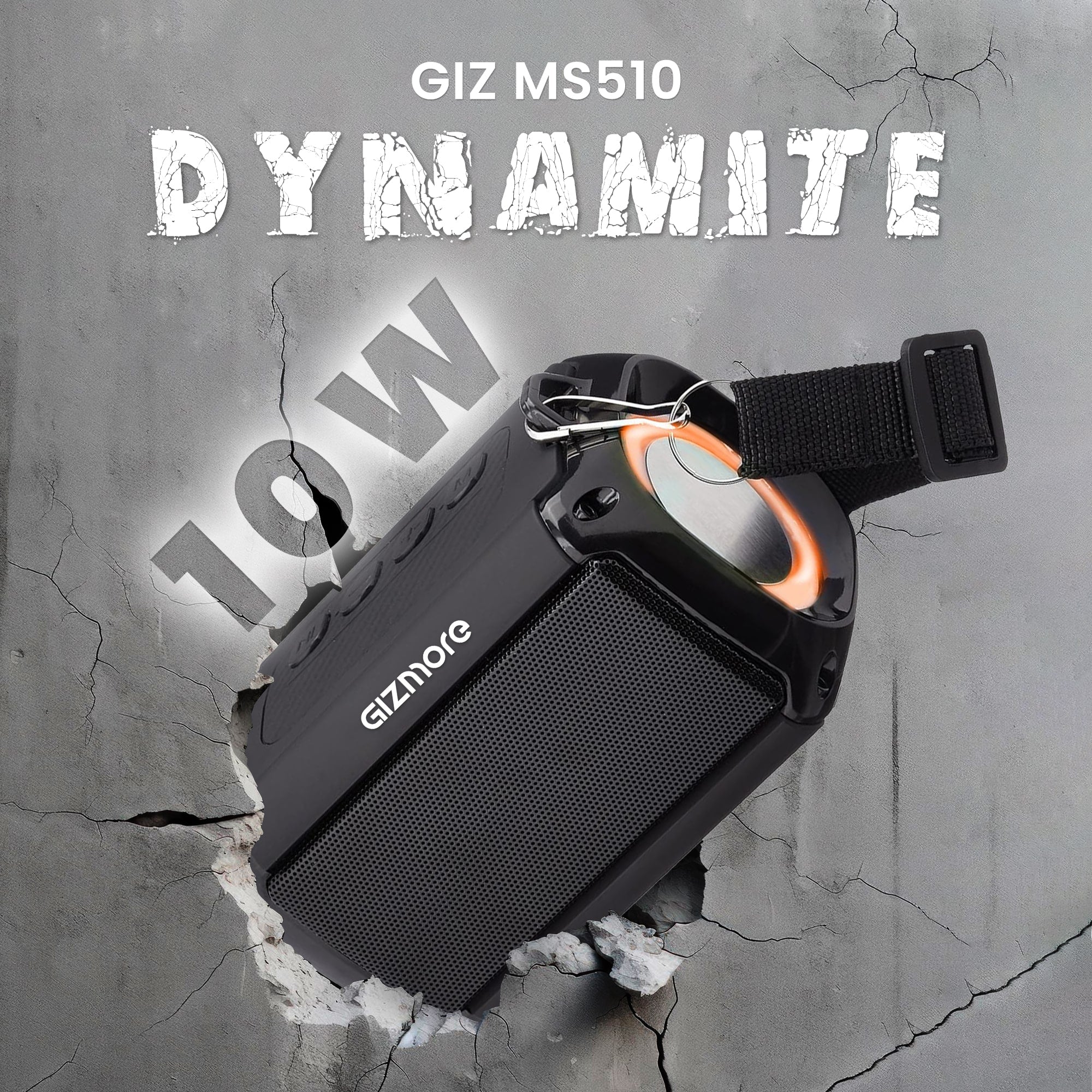 GIZMORE MS510 DYNAMITE 10W BT Speaker, 14 Hrs Playtime with TWS Function, RGB Lights, Dynamic Bass, Rubber Finish, Multiple Connectivity (BT, AUX, USB, SD Card), Volume Control and Noise Cancelling Mic (Black)
