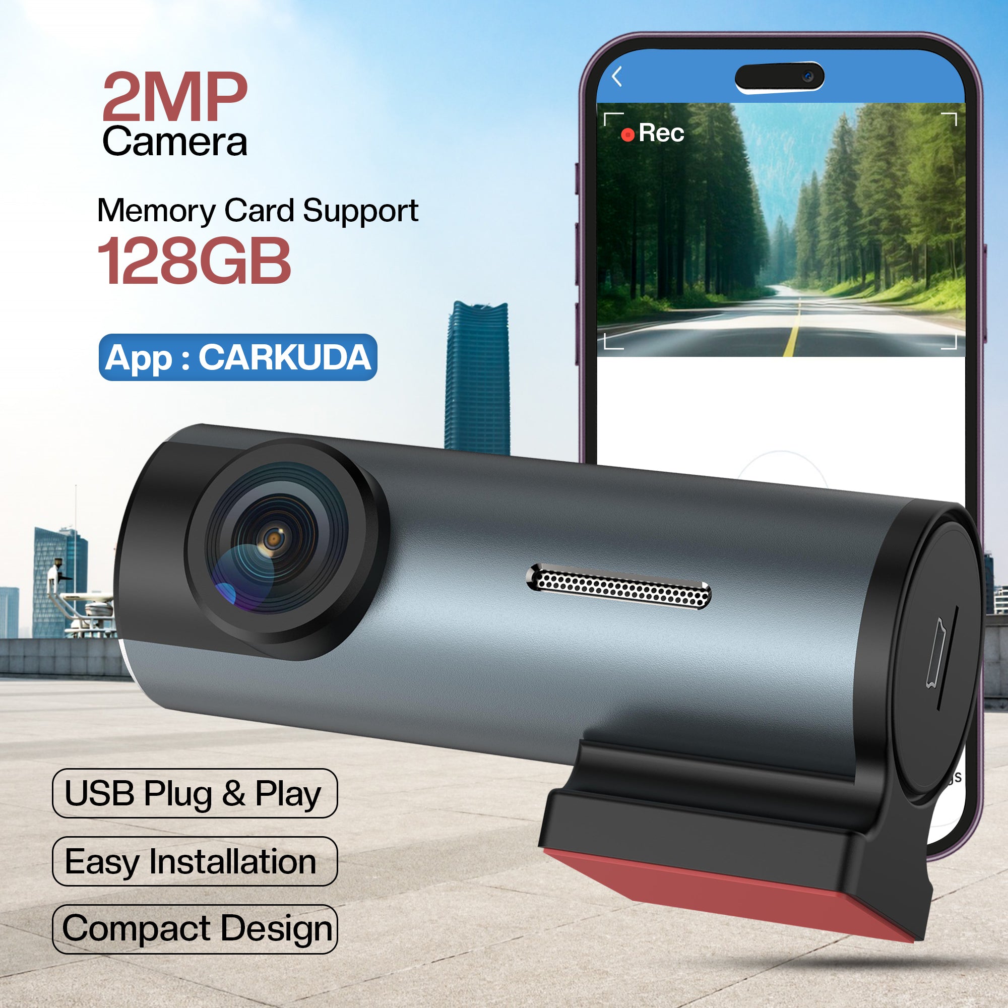 Gizmore Auto Sight Wi-Fi Dash Camera – USB Plug & Play, 360° Rotatable Design, 2MP FHD 1080p Recording, Loop Recording, 145° Wide View, Super Night Vision, Wi-Fi Support with Carkuda App for Easy Viewing