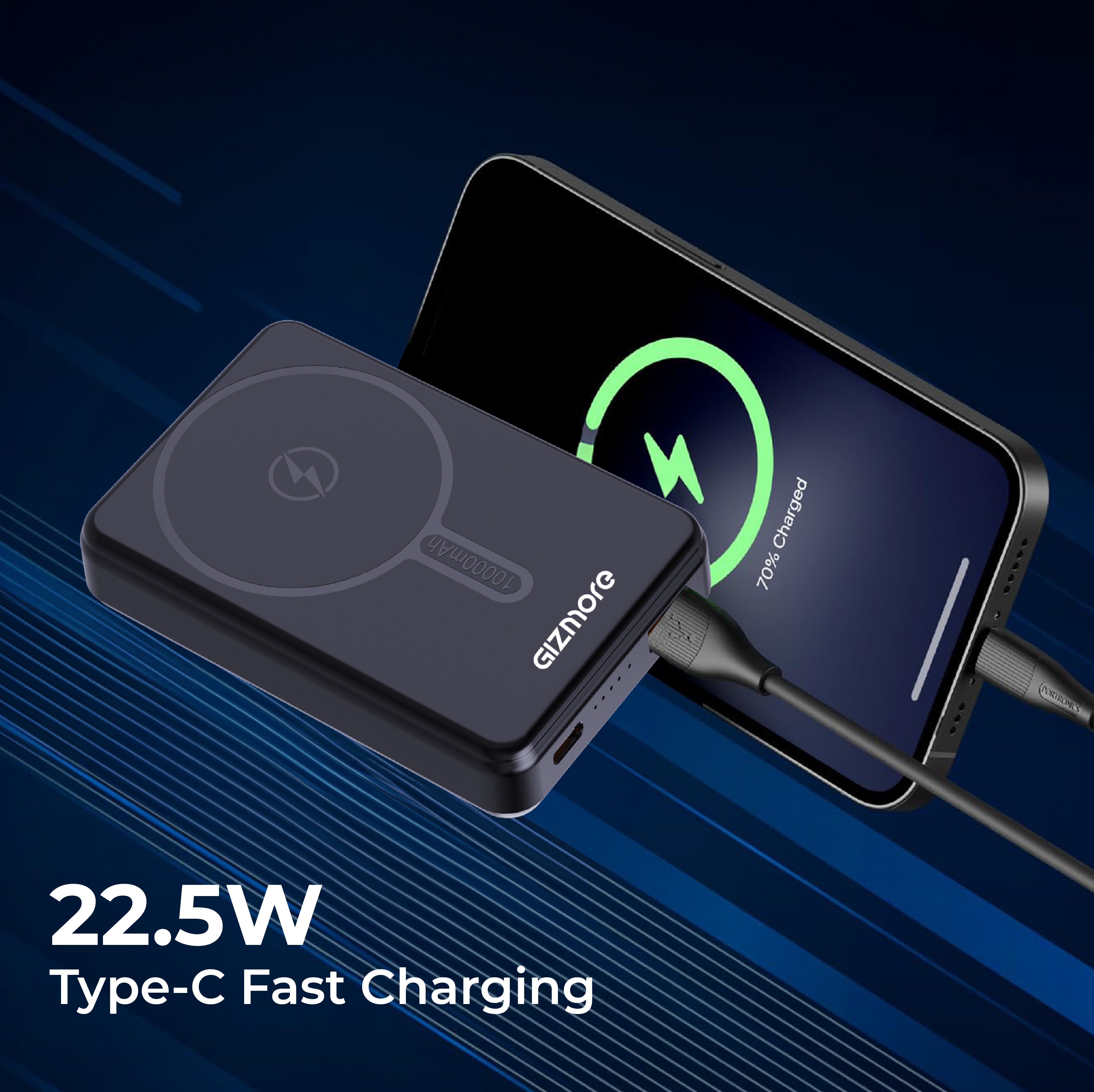 GIZ PD10K43, 10000mAh Wireless MagSafe Power Bank, 15W Fast Wireless Charging, 22.5W Type-C Output, Slim Portable Design, with LED Indicators