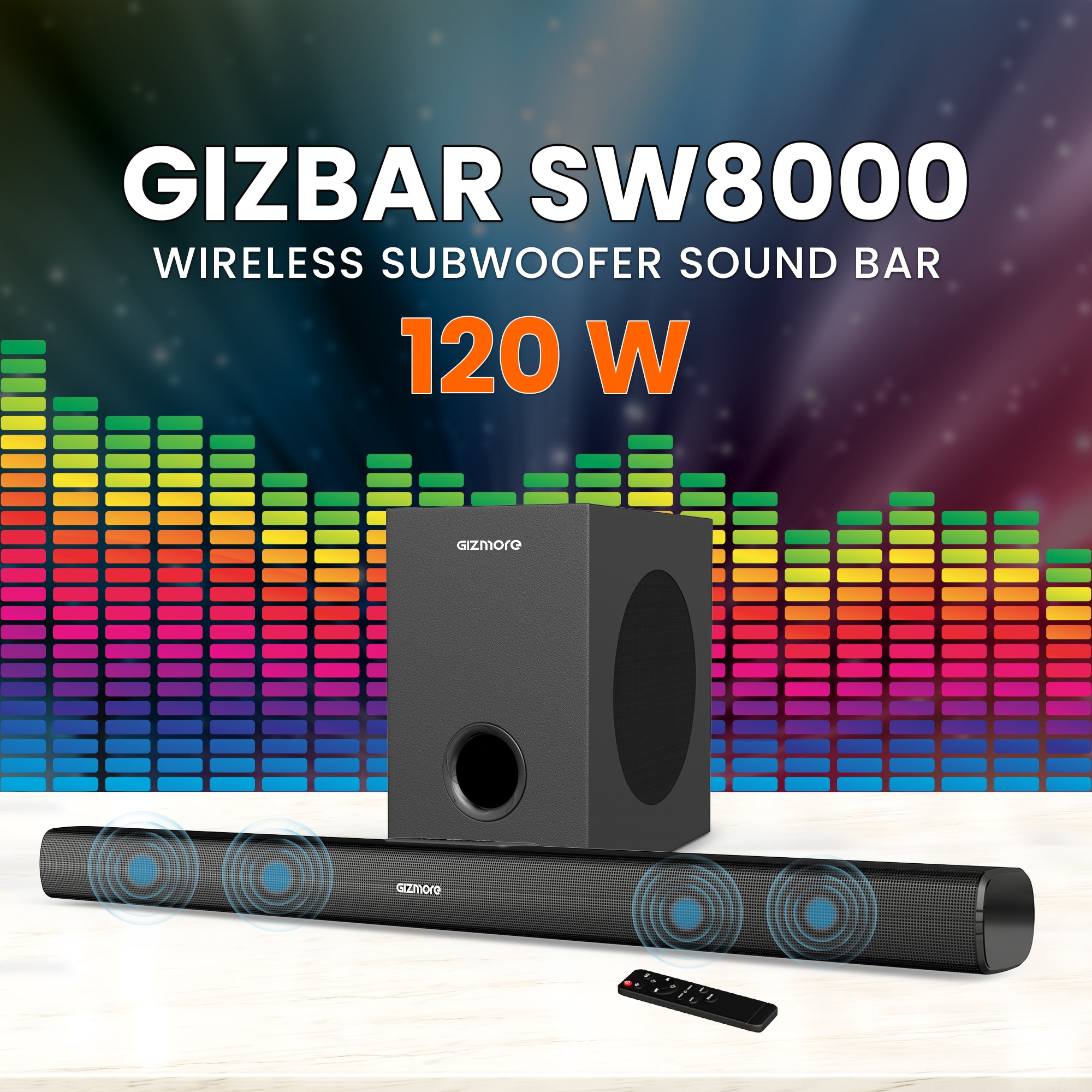 GIZMORE SW8000 120W RMS Wireless Soundbar Speaker with 360 Degree Surround Sound & Extra Deep Bass Subwoofer| Wall Mounted | Multi Connectivity & Remote Control connect with Mobile TV/PC and Projector