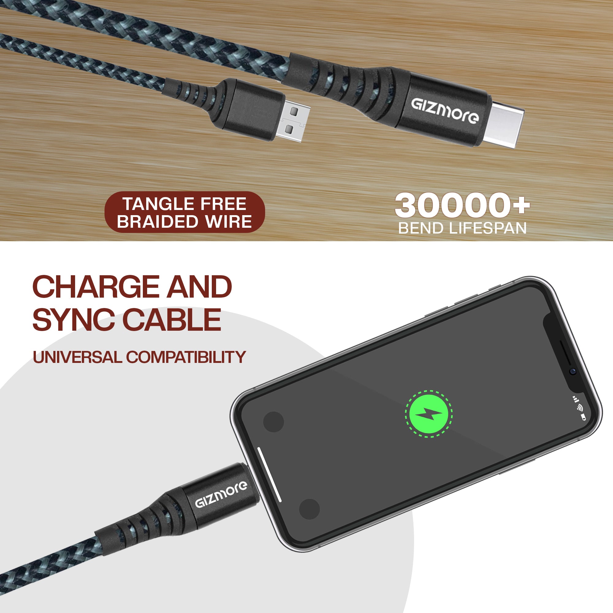 GIZMORE WDC120 USB to Type-C dash Ultra Fast Charging Cable – 1.2 Meter, 120W Output, Tangle-Free Braided Wire, 30000+ Bend Lifespan, Intelligent Protection, Stable Charging, Universal Compatibility