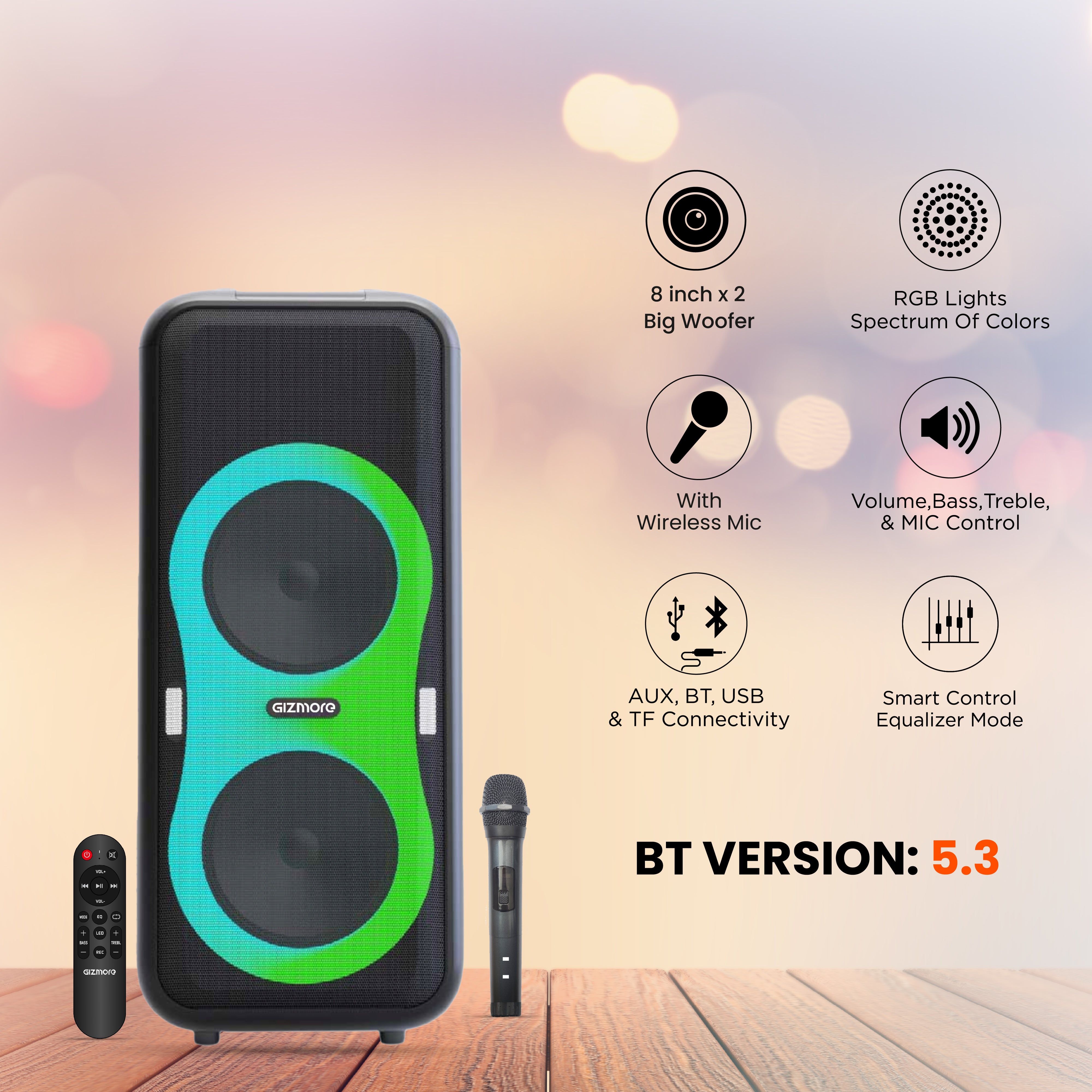 Gizmore T220 Pro 220W RMS Thunder DJ Party Speaker | Wireless Mic | RGB Lights | Smart EQ | 3H Playtime | AUX/BT/USB/TF | Wired Mic Support | 8inchx2 big woofer