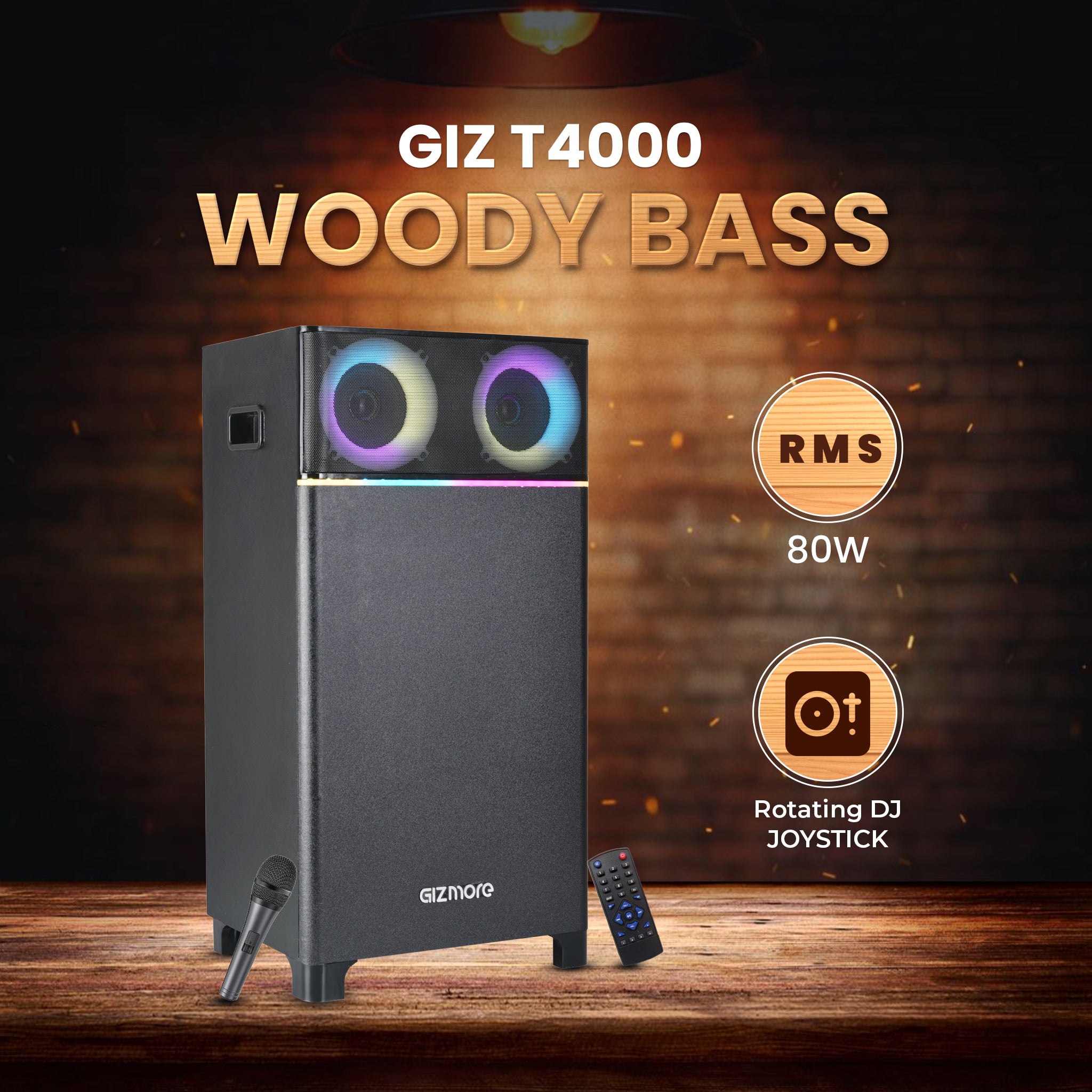 GIZMORE Trolley T4000 WOODY BASS 80 W Bluetooth Party Speaker Supporting Digital LED Display, RGB Lights, Multi Connectivity USB, FM, AUX and Support HDMI, Wireless MIC, Remote Control and Joystick