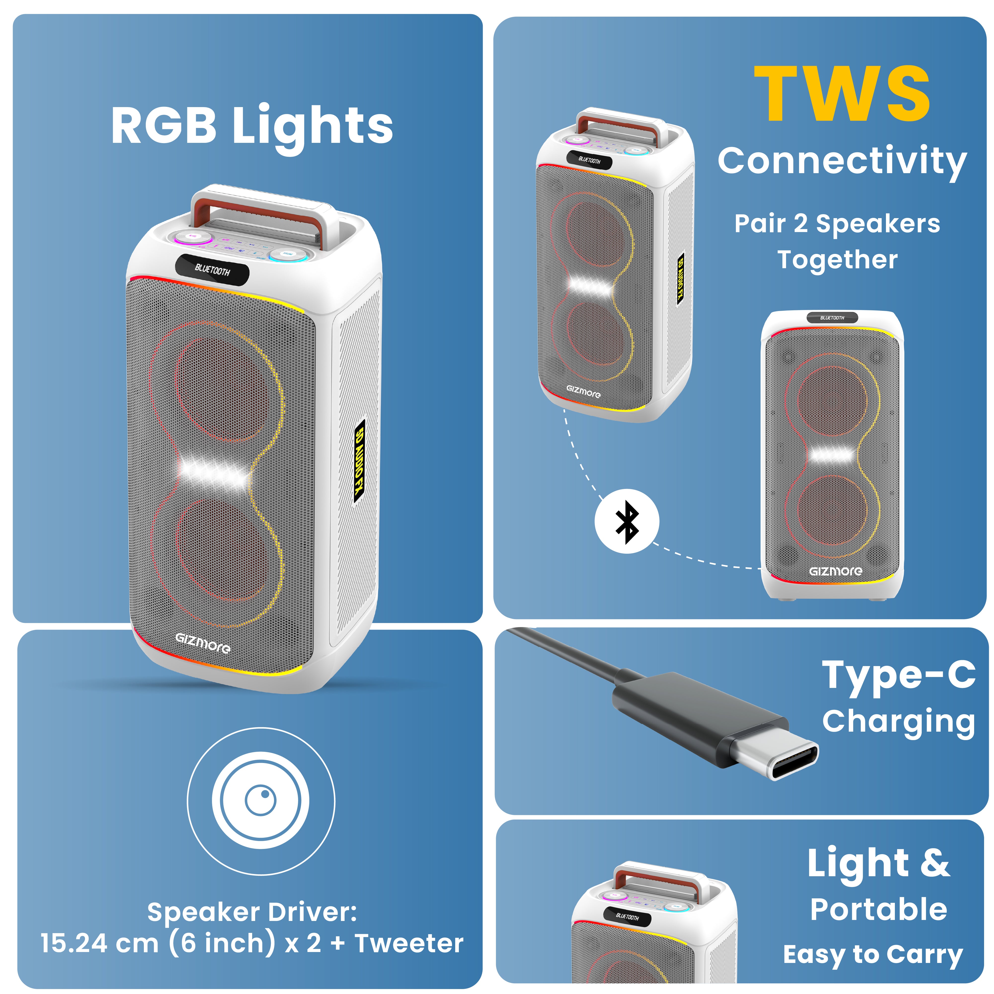 GIZMORE T320 CLUB 320W Thunder DJ Party Speaker with Dual Wireless Mic, RGB Lights, Type-C Charging, TWS Connectivity, Portable Bluetooth Speaker (White/Black)
