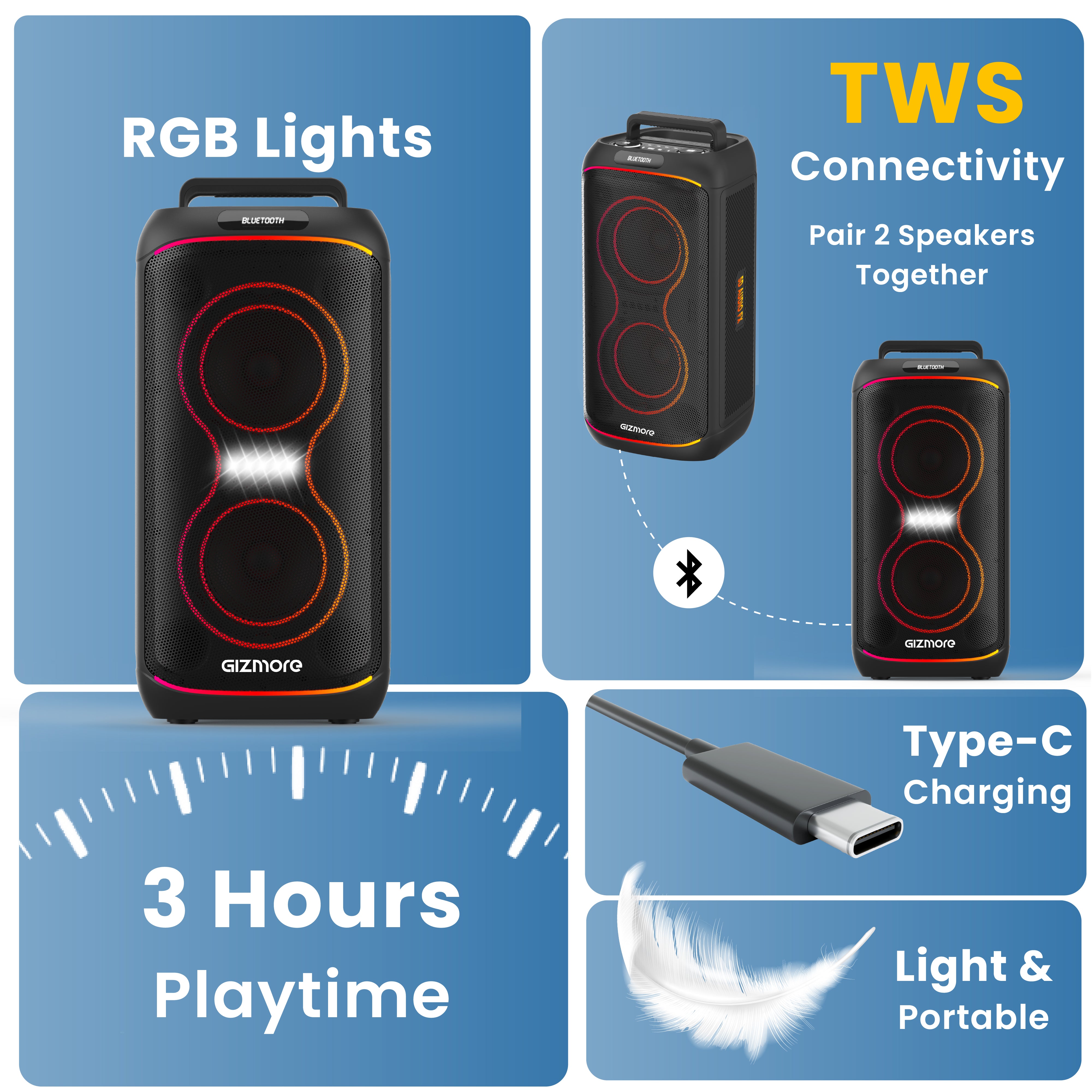 GIZMORE T320 CLUB 320W Thunder DJ Party Speaker with Dual Wireless Mic, RGB Lights, Type-C Charging, TWS Connectivity, Portable Bluetooth Speaker (White/Black)