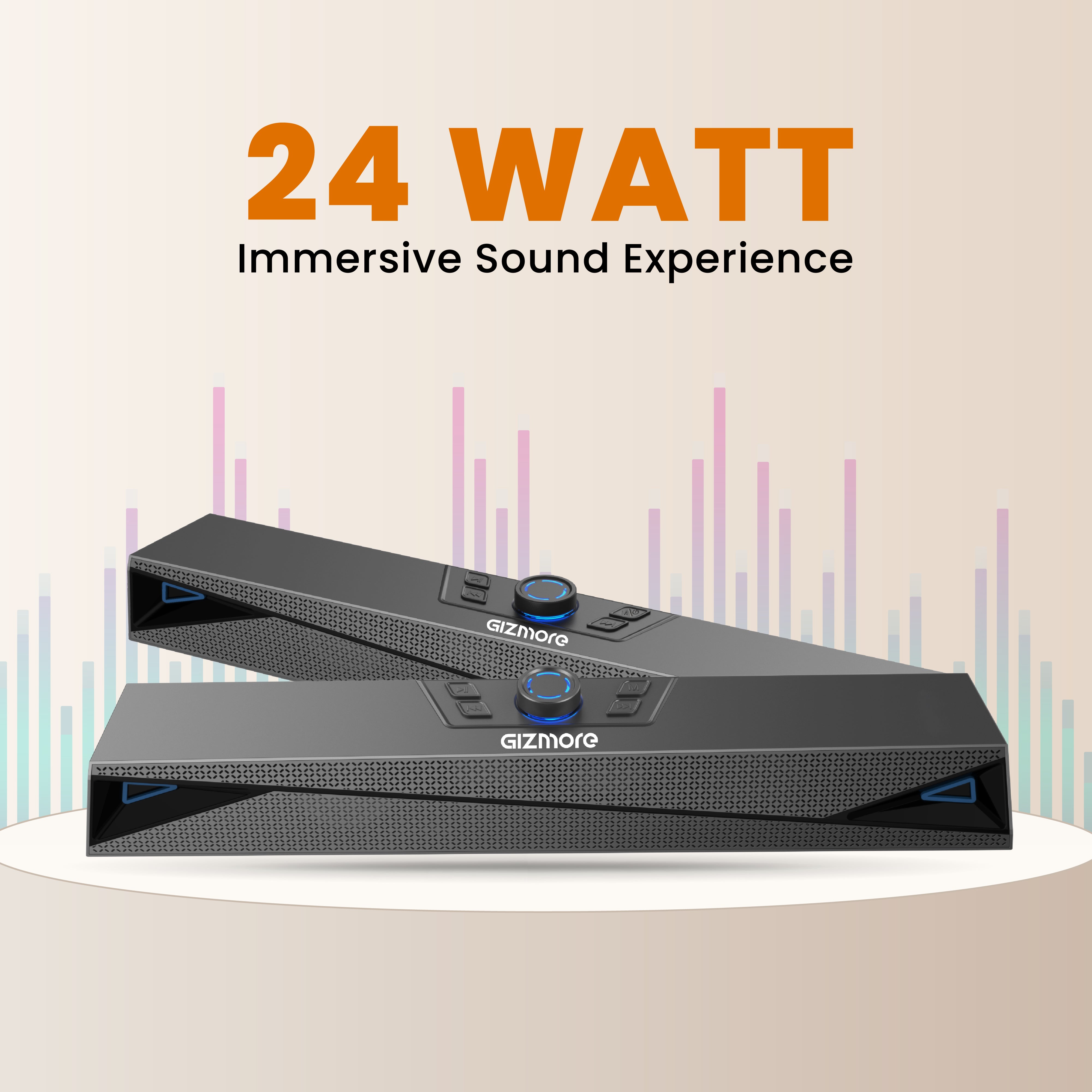 GIZMORE GIZBAR 2400 – 24W Bluetooth Soundbar with Immersive Sound, Rotating Crown Multifunction Button, TWS, Matte Finish, Up to 8 Hours Playtime