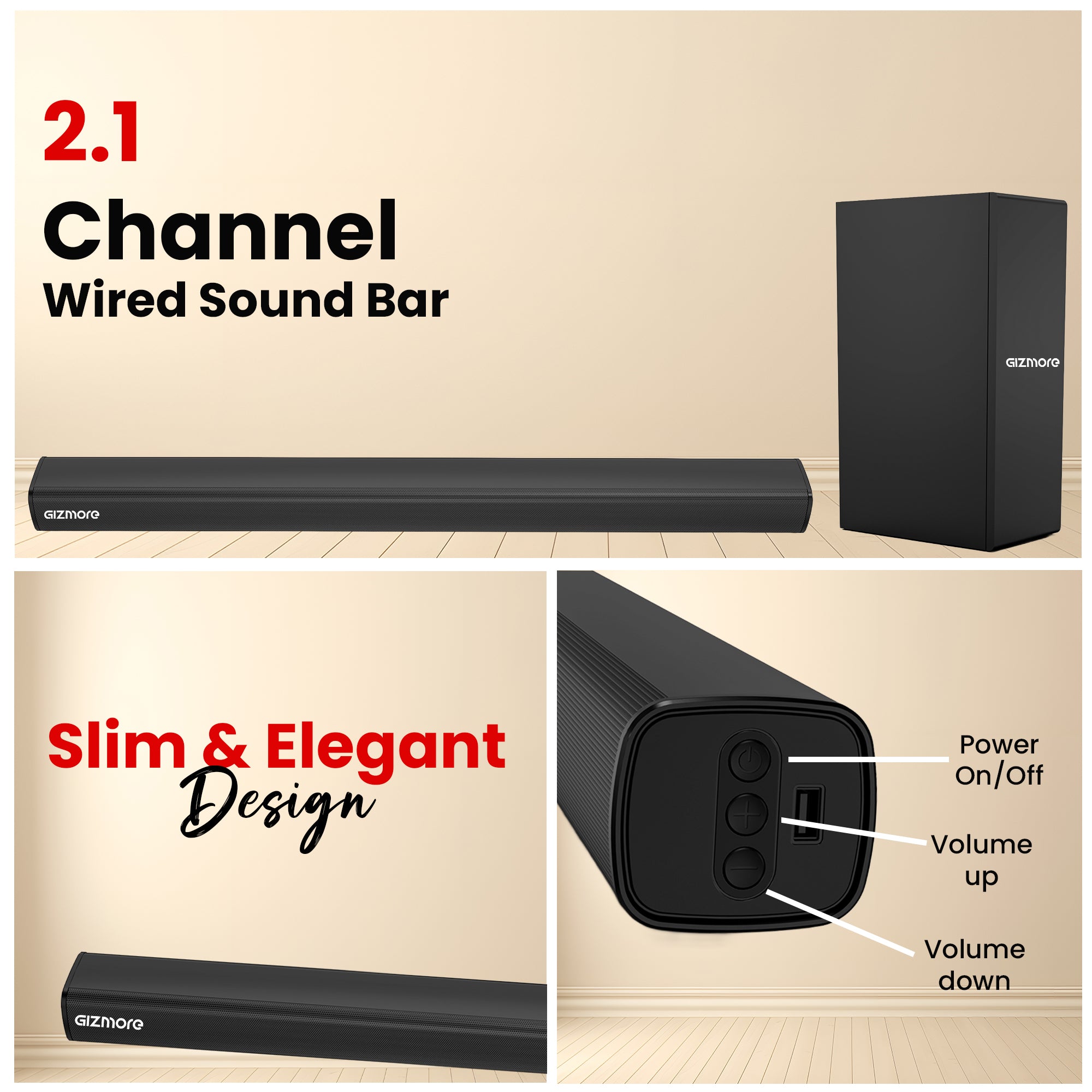 GIZMORE GIZBAR 200 2.1 Channel Wired Soundbar with Subwoofer, HDMI(ARC), AUX, Optical, USB, Bluetooth, Slim Design, 3 EQ Modes, Surround Sound & Thunderous Bass
