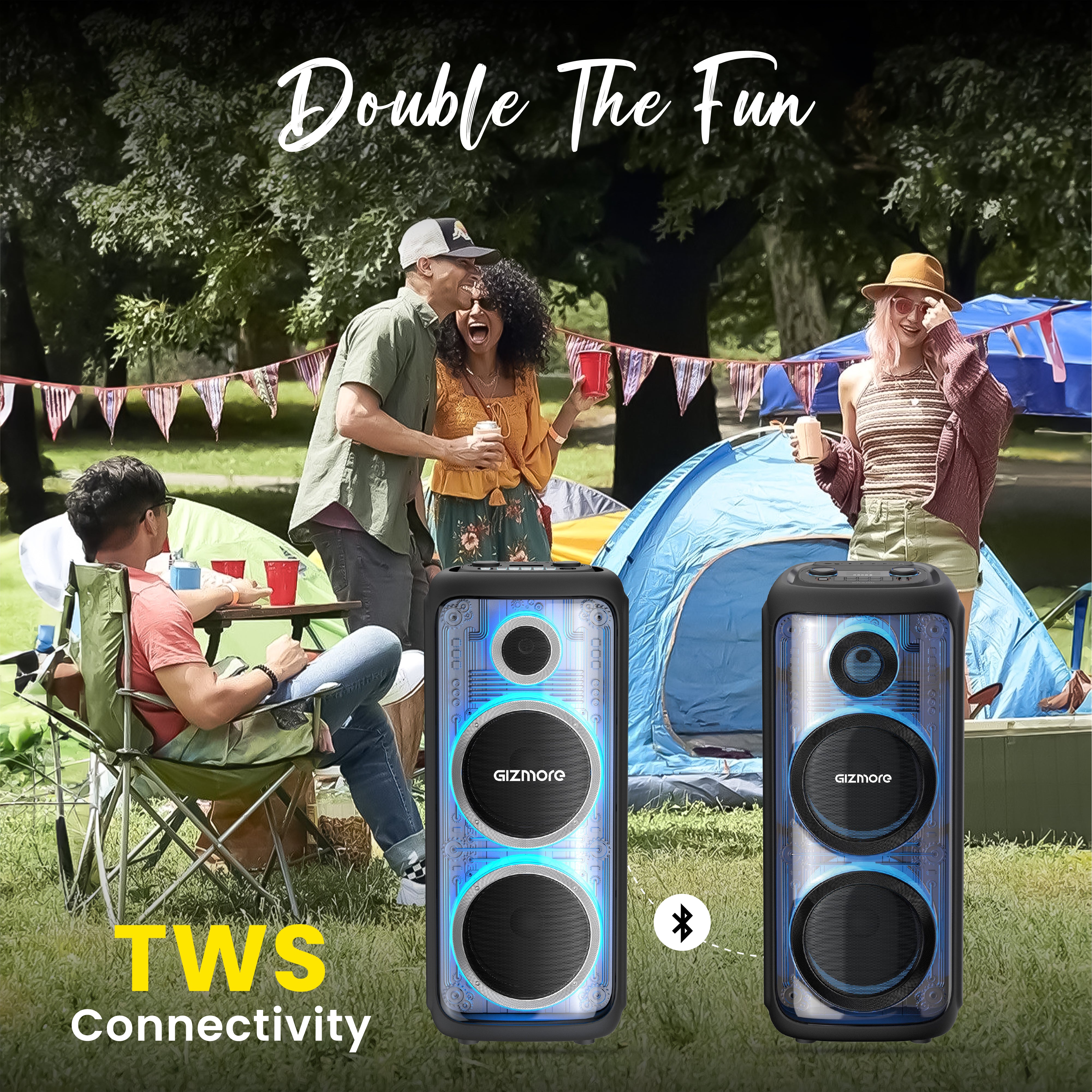 GIZMORE T440 MEGATRON 440W RMS Party Speaker with Dual Wireless Mics, RGB Spectrum Lights, Visible Acoustics, 8 Hours Playtime, TWS Function, Bluetooth/USB/AUX Connectivity