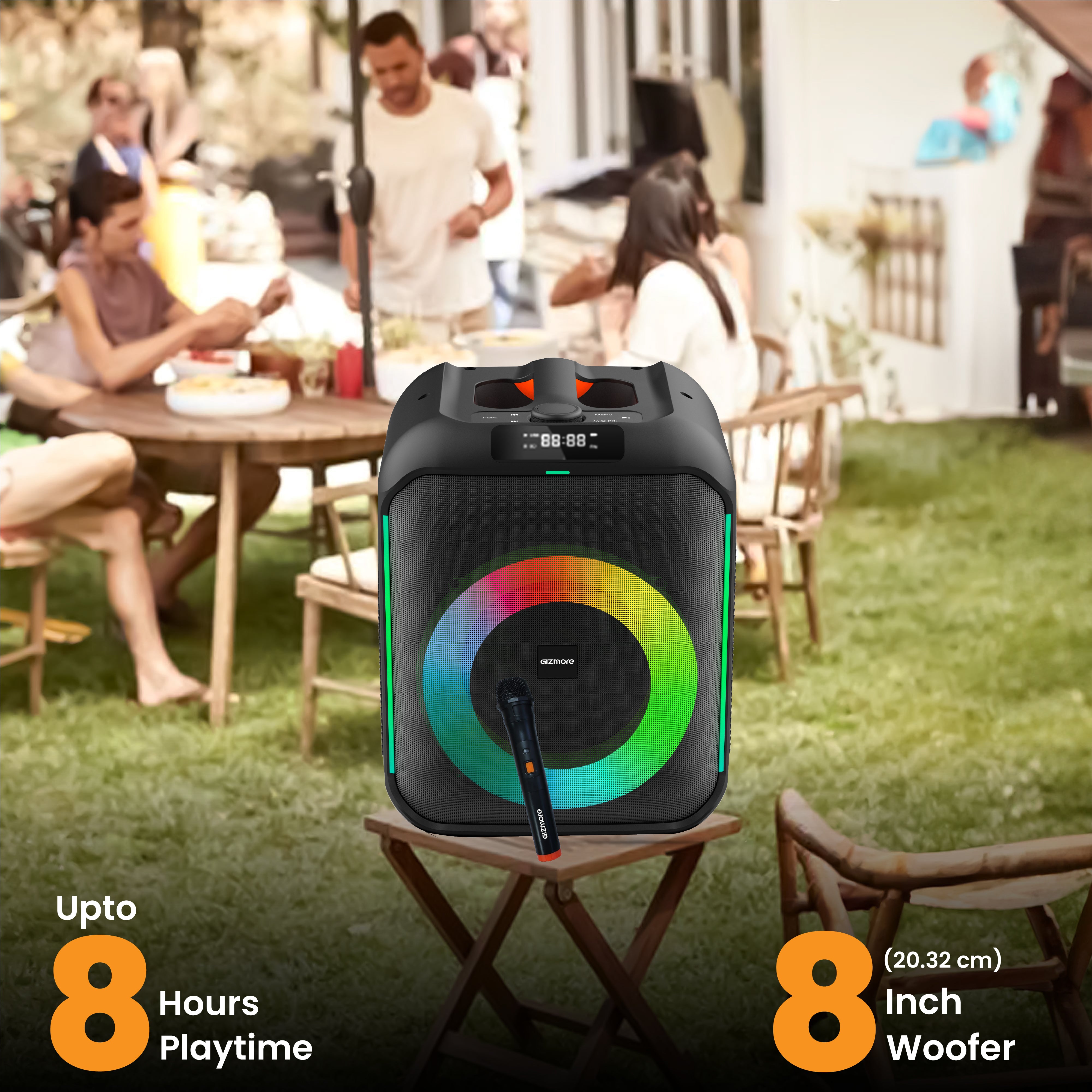 Gizmore T120 Thunder Bolt Party Speaker | 8 Hours Playtime | UHF Wireless Mic | TWS Function | RGB Lights | AUX/BT/USB/TF | Powerful Bass | Multi-Function Control