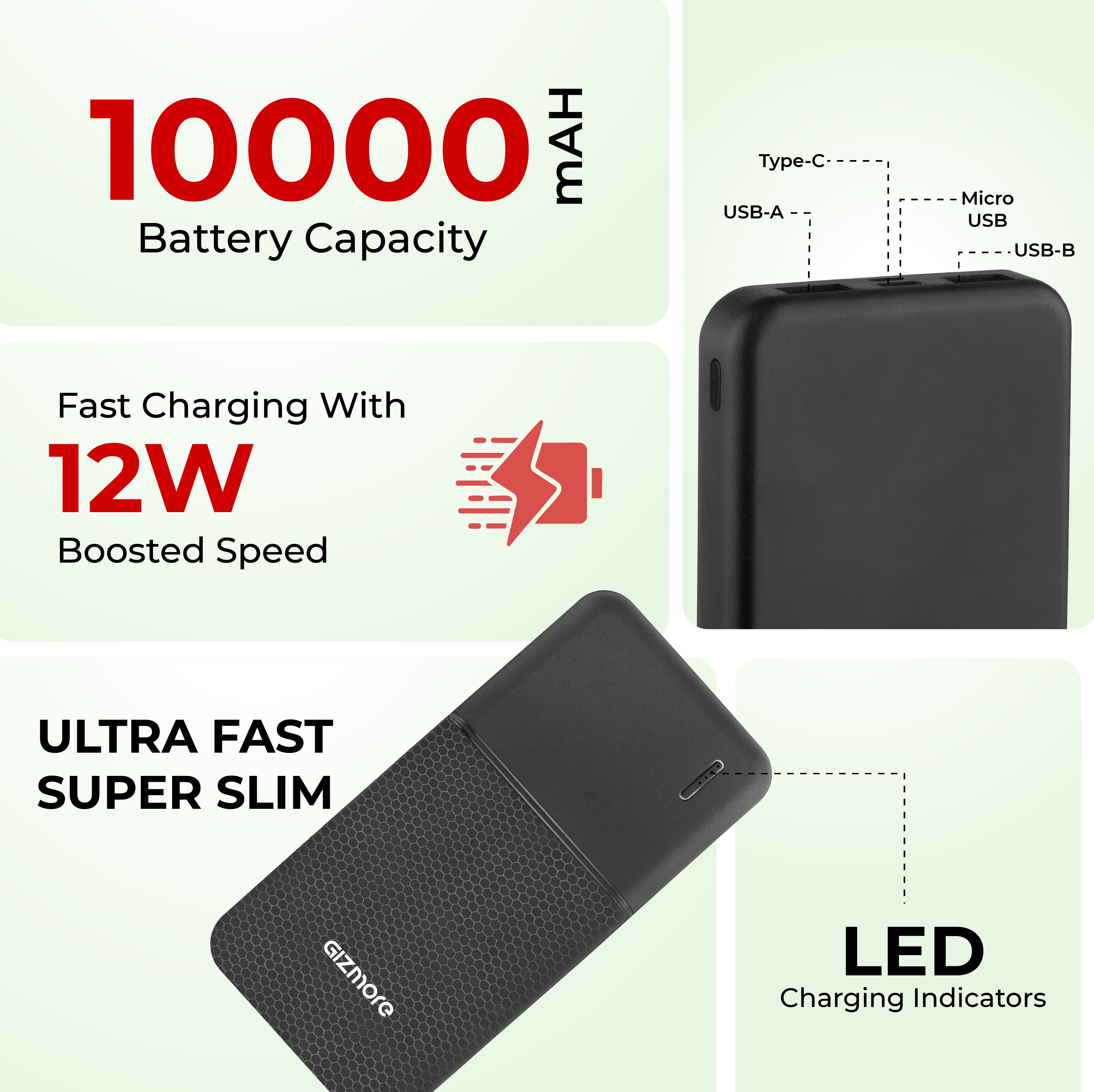 GIZMORE PB10K18 10000mAh 12W Fast Charging Power Bank