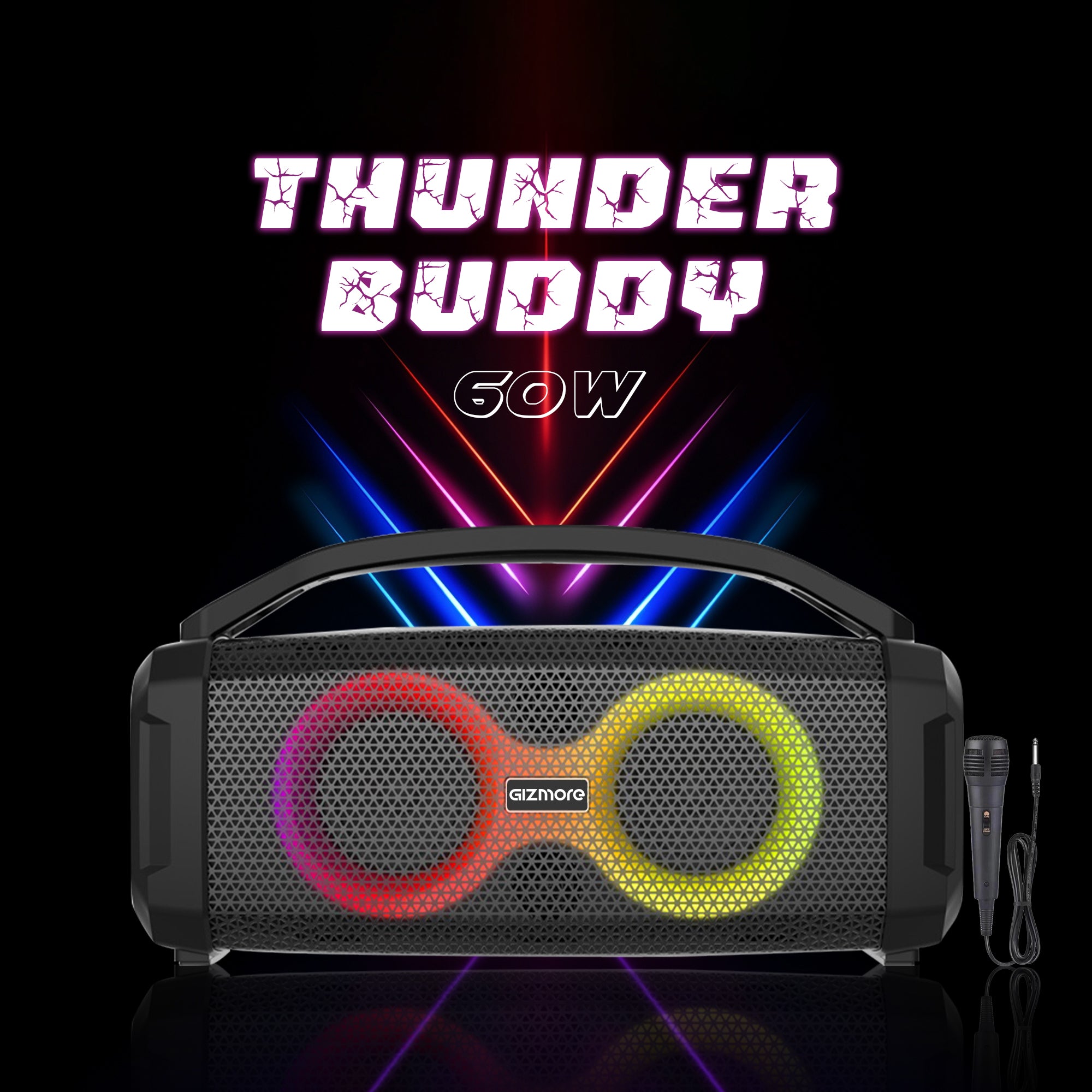 GIZMORE THUNDER BUDDY 60 W Bluetooth Portable Party Speaker with High Bass Up to 10 hrs Playtime with Type C Charging, 13 Modes of RGB Lights, Multi Connectivity BT, USB, AUX, TF Card and Wired MIC