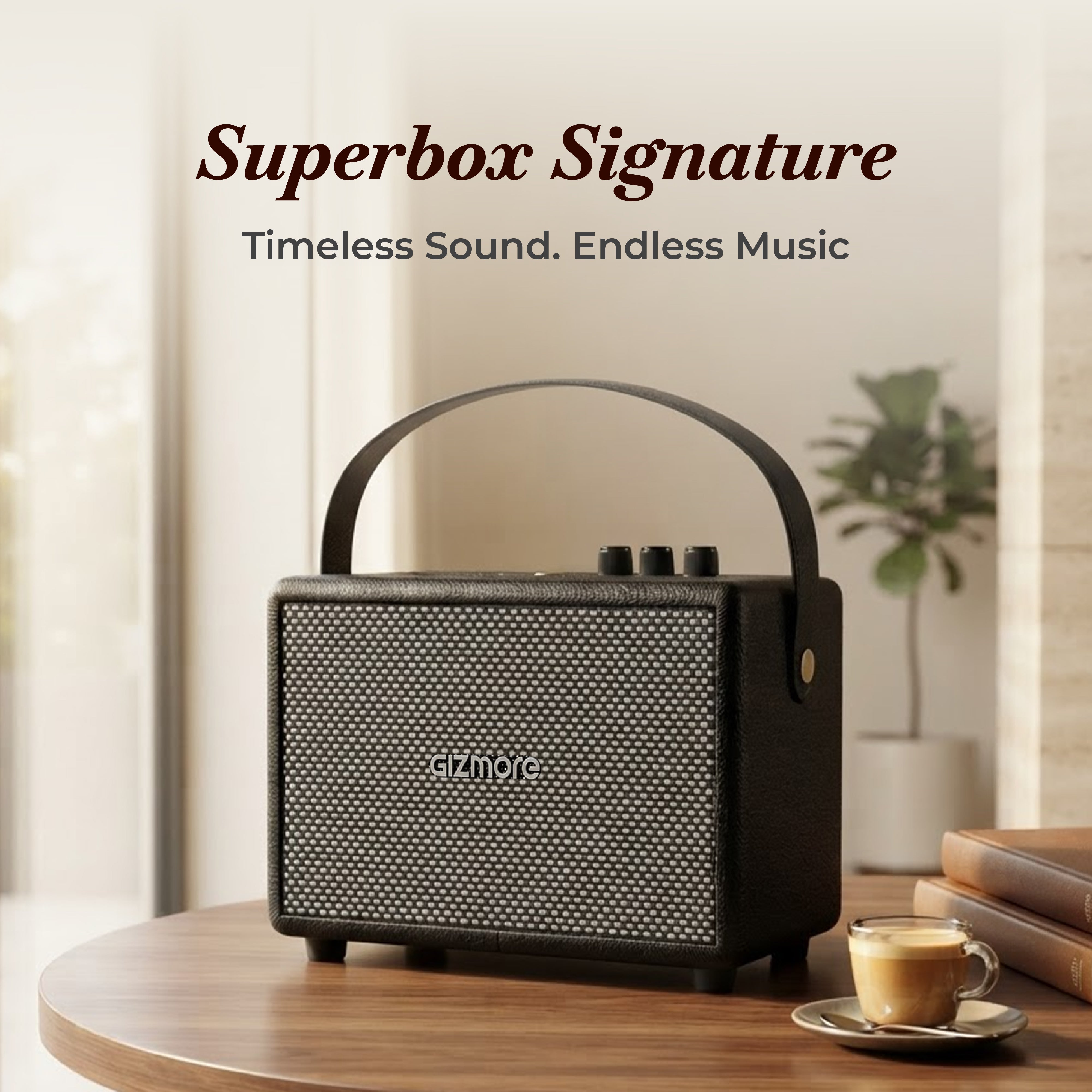 GIZMORE BEAT LUXE 30W RMS Bluetooth Speaker with Premium Wooden & Vegan Leather Finish, Portable Design, Up to 3 Hours Playtime, TWS Dual Pairing, Multi-Control Knobs, Carrying Strap