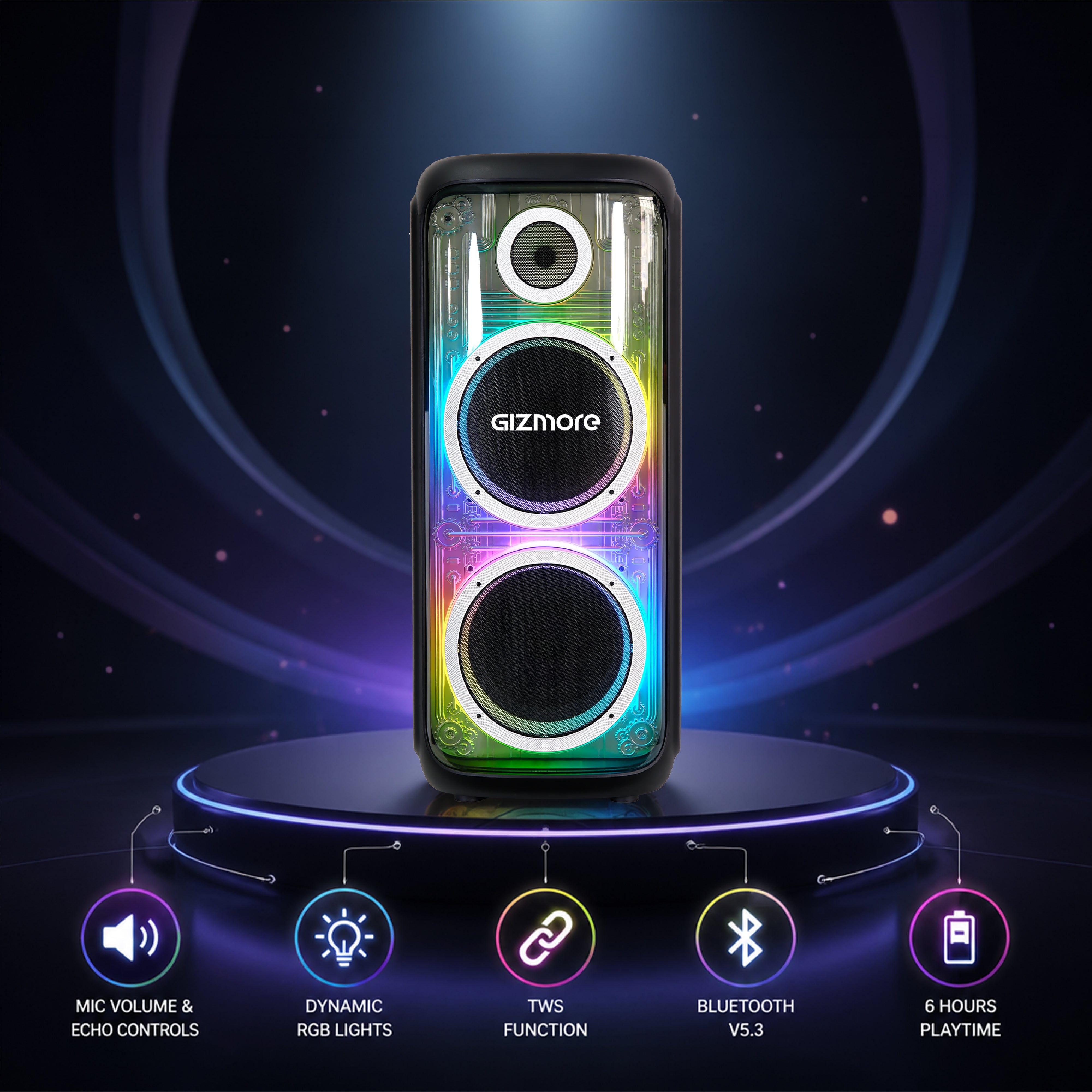 GIZMORE T400 MEGATRON 480W RMS Party Speaker with Dual Wireless Mics, RGB Spectrum Lights, Visible Acoustics, 8 Hours Playtime, TWS Function, Bluetooth/USB/AUX Connectivity