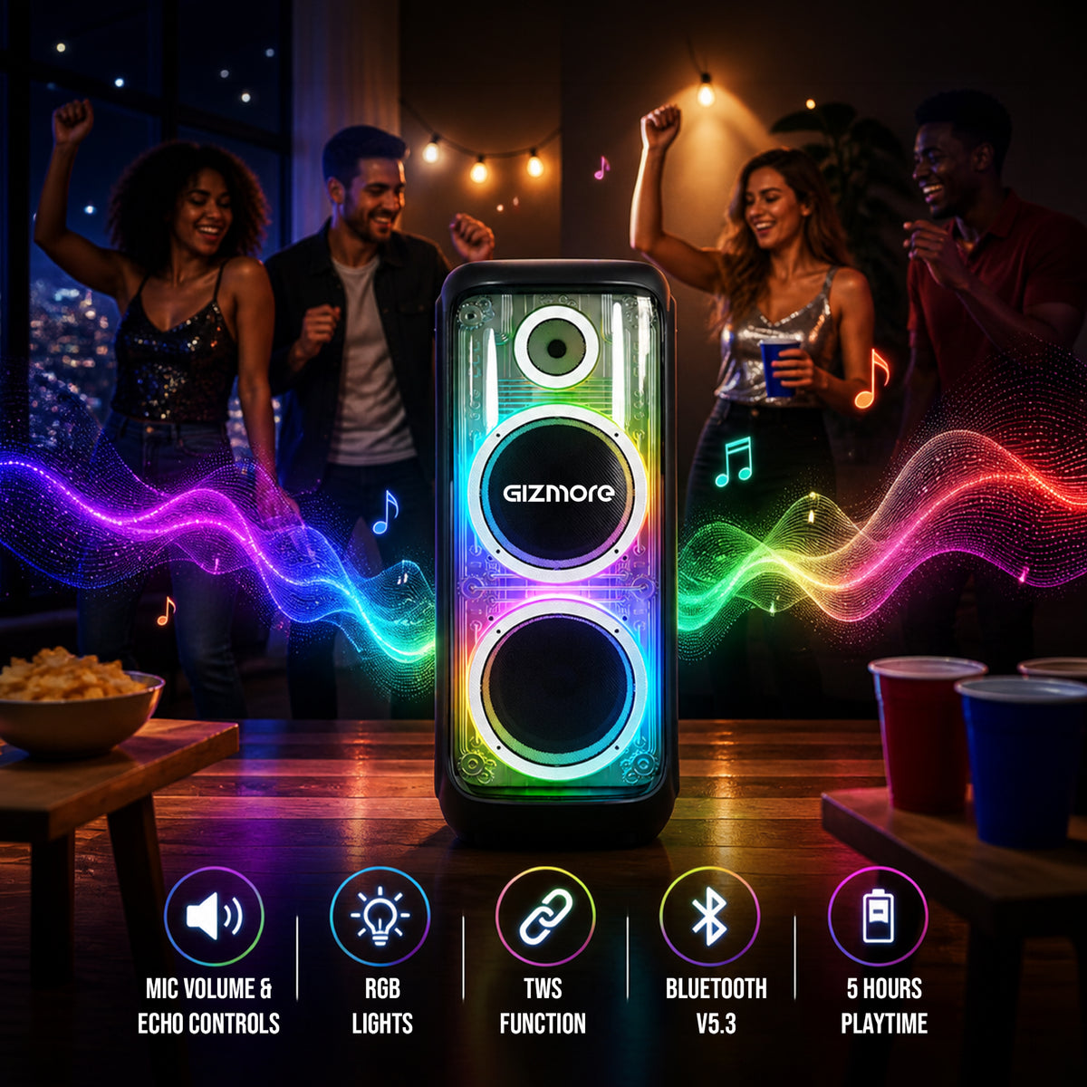 GIZMORE T220 MEGATRON 280W RMS Party Speaker with Dual Wireless Microphones, RGB Spectrum Lights, Visible Acoustic Design, Up to 5 Hours Playtime, TWS, Bluetooth, USB & AUX Connectivity