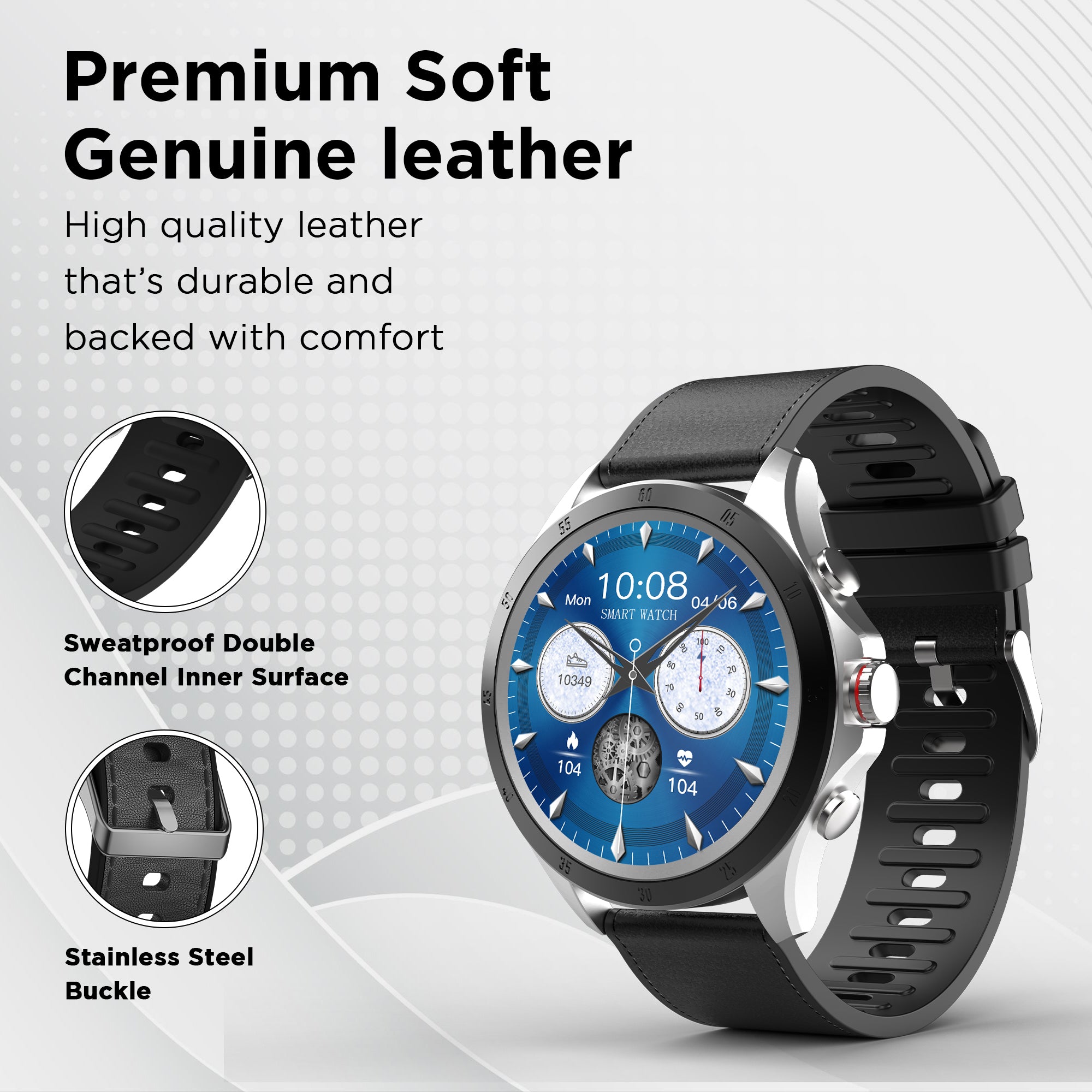 GIZMORE 22MM Leather Strap Compatible with Multiple Watches | Premium Soft Genuine Leather | Sweatproof Channel Inner Surface | Stainless Steel Buckel for Your Wrist (Black Leather Strap)
