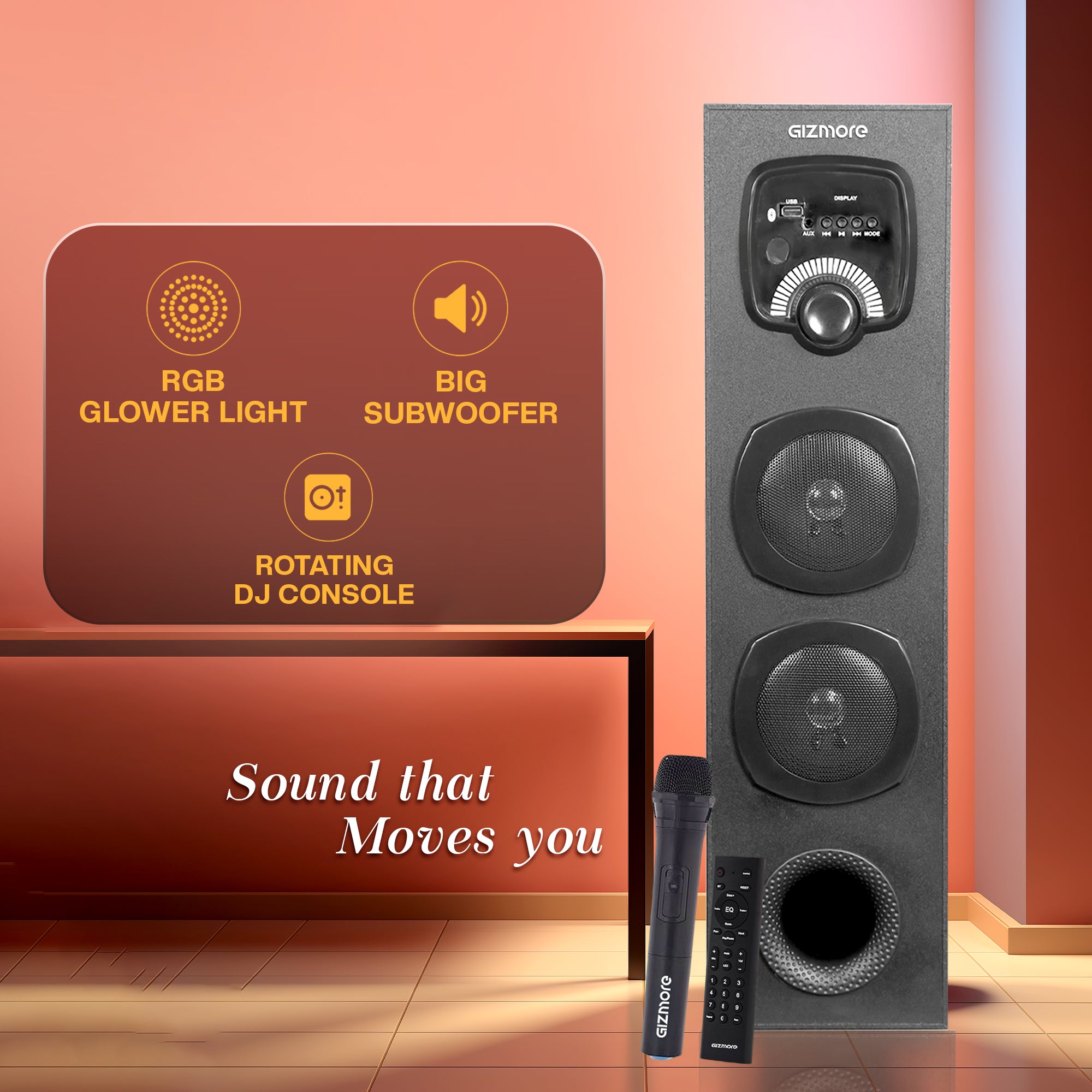 GIZMORE TALLBOY ST8000 80W Bluetooth Tower Speaker With UHF Wireless MIC & Wooden Cabinet, Big Subwoofer, Remote Controlled Display, RGB Glower Light -Support FM, Karaoke, AUX, USB