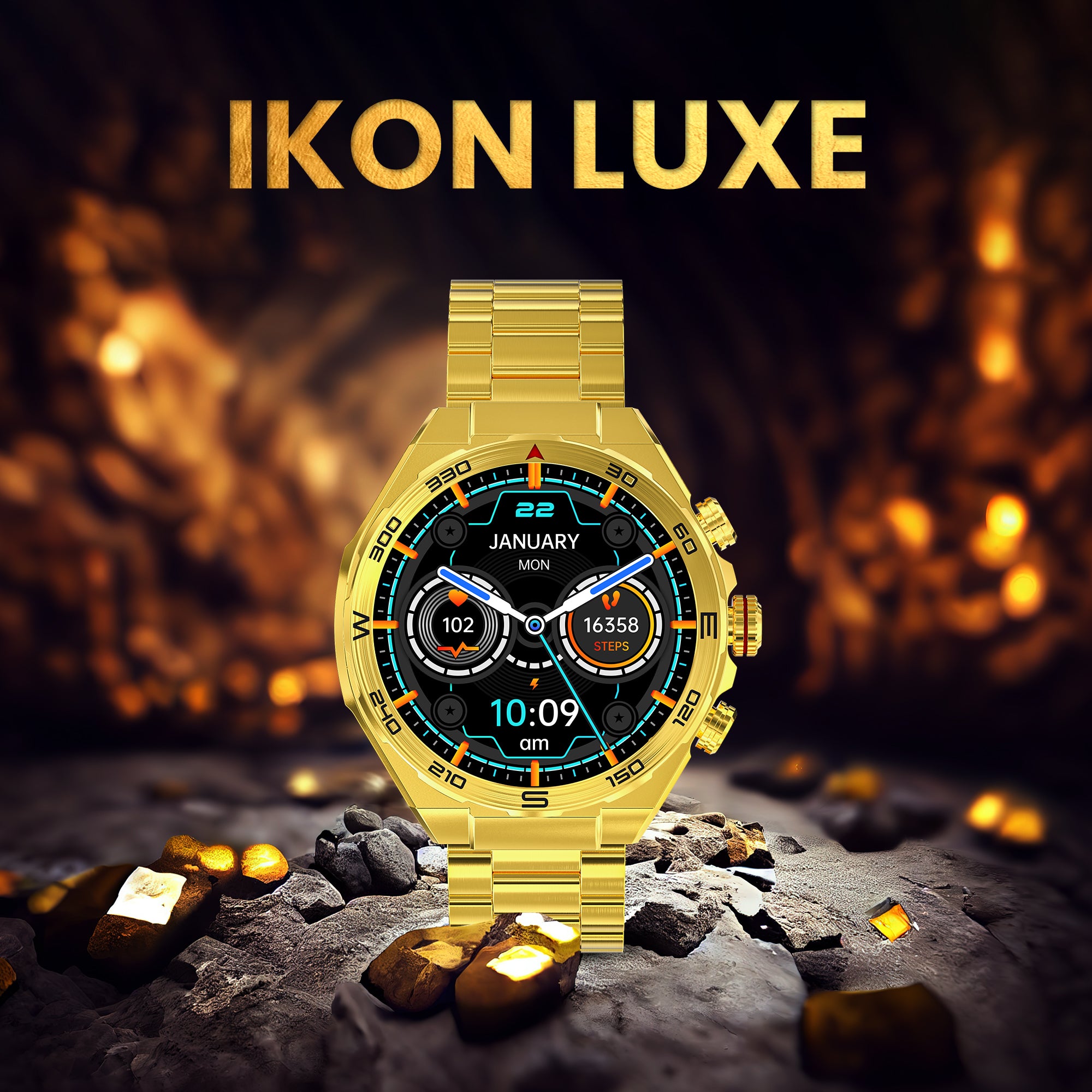 GIZMORE IKON Luxe 3.93cm (1.55) FHD Display | AOD with 600 NITS I Active Crown & 3 Buttons Control | IP68 | Zinc Alloy Metal Body | 15 Days Battery & 120 Sport Modes I BT Calling Smartwatch