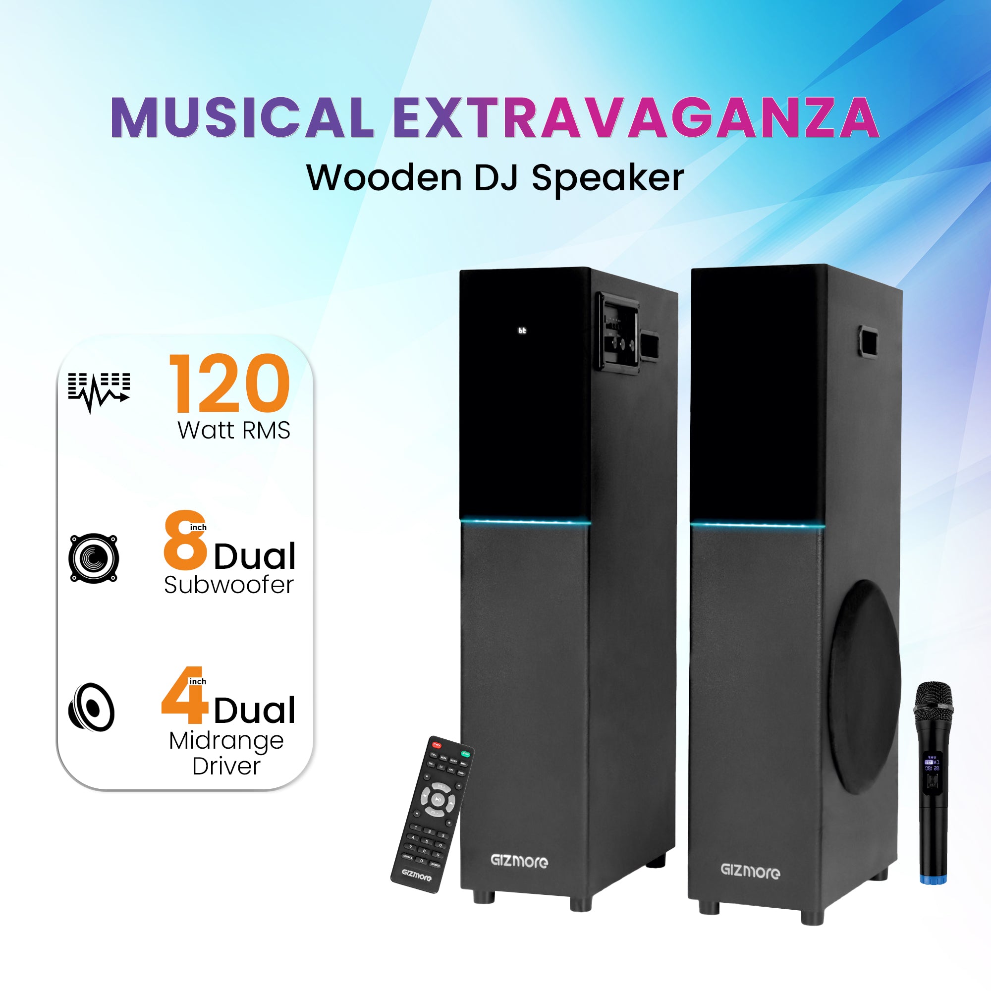 GIZMORE DT11500 120W Dual Tower Wooden Speaker with UHF Wireless MIC, Digital LED Display & RGB Lights, Volume & Bass Control, Karaoke and Party Speaker with Multiple Connectivity