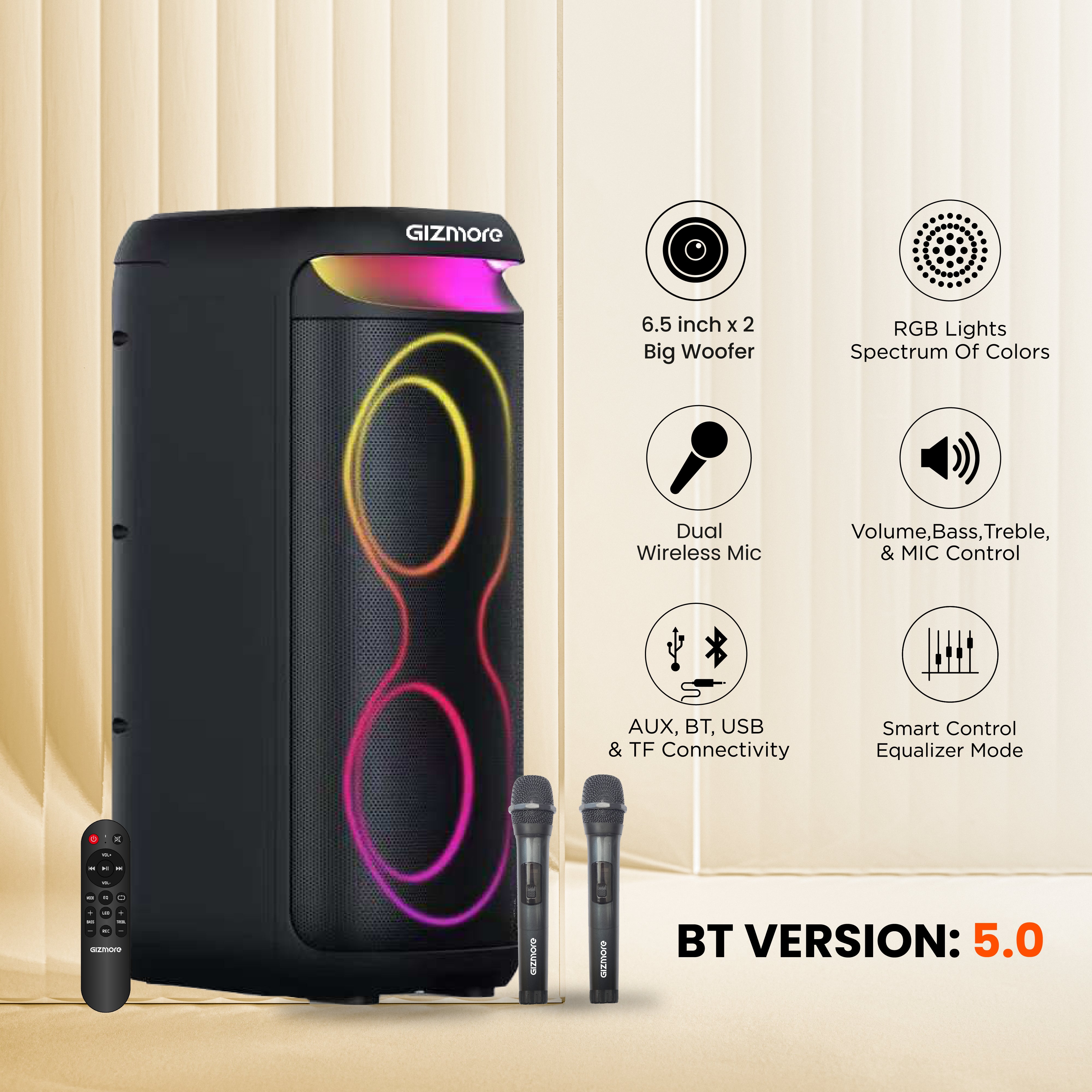 GIZMORE T180 Ultra 180W Bluetooth Party Speaker with Dual Wireless Mic, RGB Lights, 3-Hour Playtime, USB /AUX/TF Card Support, TWS, Remote Control