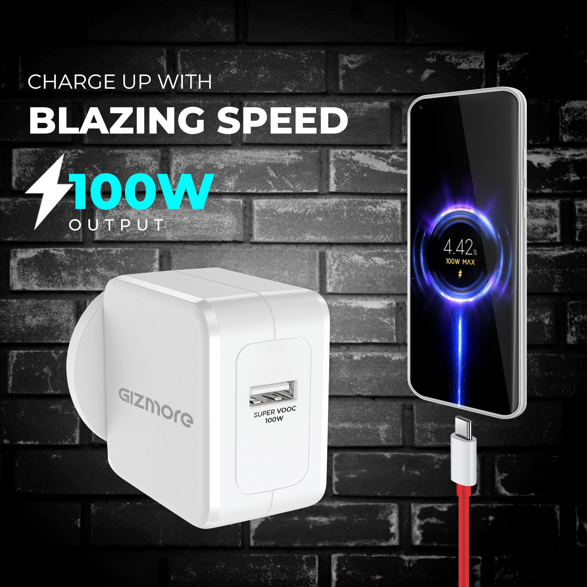 GIZMORE PA100 ULTRA 100W Super VOOC USB Fast Charger Adapter Compatible with All Smartphone, Compact & Lightweight with Secure Charging, Versatile Protocol QC2.0/QC3.0/DCP, AFC and FCP with Cable